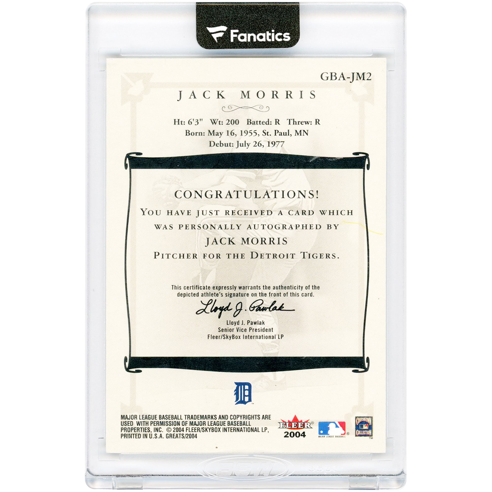 Carte autographiée de Jack Morris (Detroit Tigers) 2004 Fleer Greats Of The Game #GBA-JM2