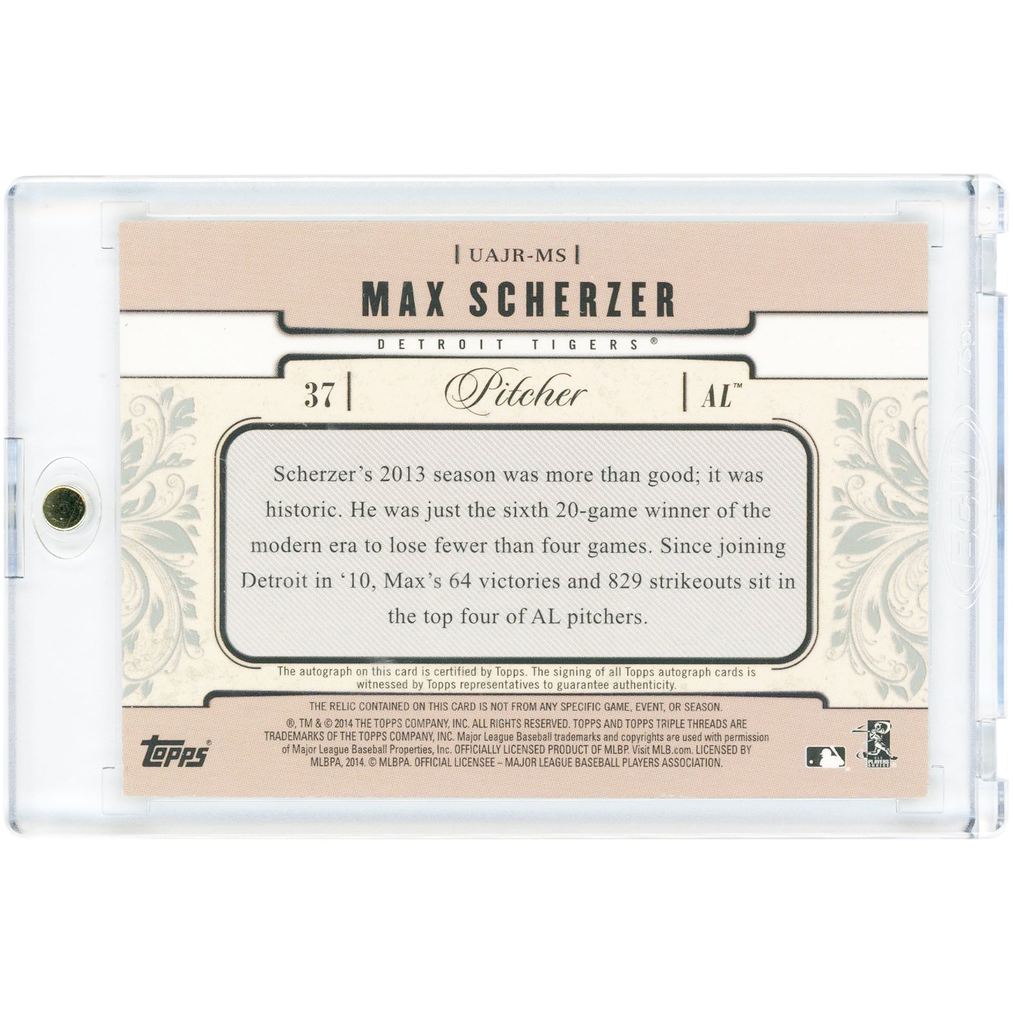 Max Scherzer Detroit Tigers Autographed 2014 Topps Triple Threads Game Used Jersey Relic #UAJR-MS #50/99 Card