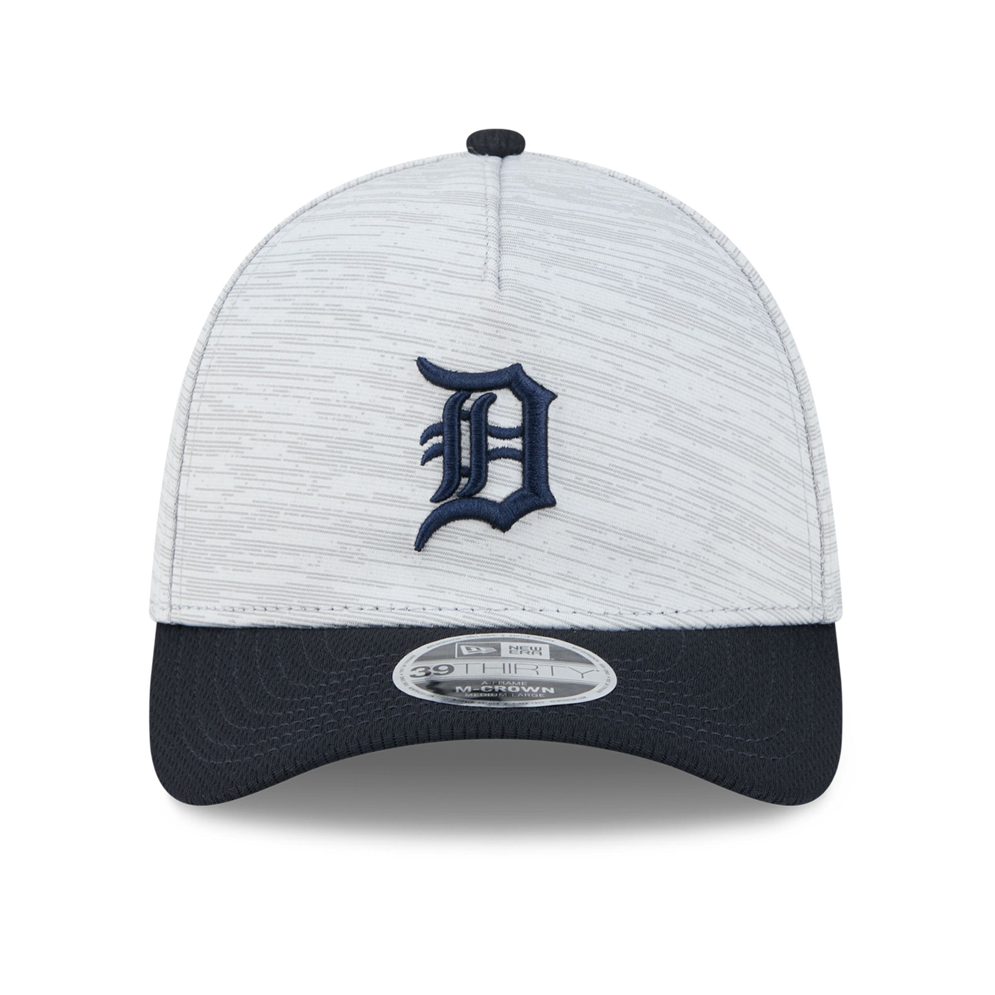 Casquette New Era Tech 39THIRTY Flex grise et marine pour homme, modèle A-Frame, aux couleurs des Tigers de Détroit.