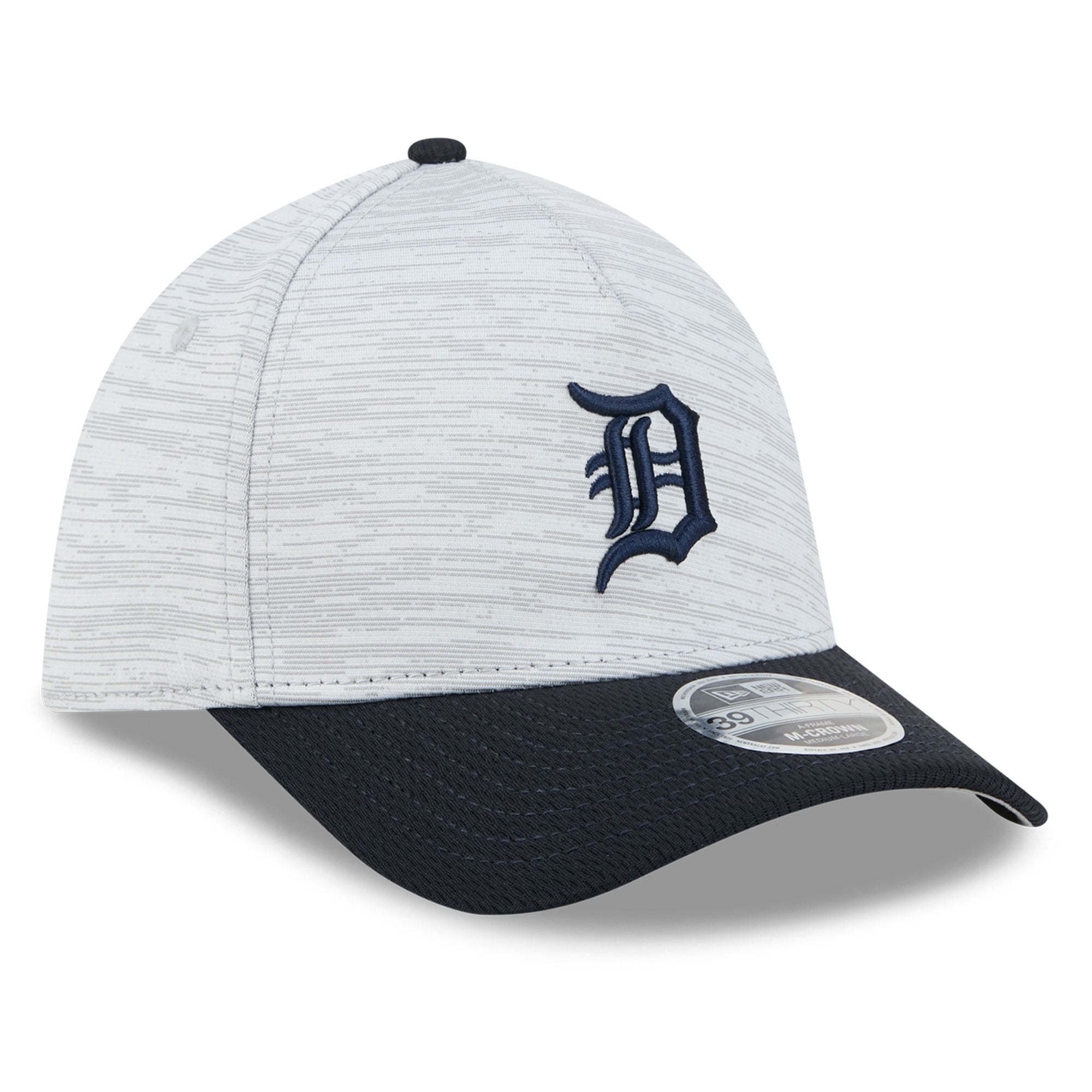 Casquette New Era Tech 39THIRTY Flex grise et marine pour homme, modèle A-Frame, aux couleurs des Tigers de Détroit.