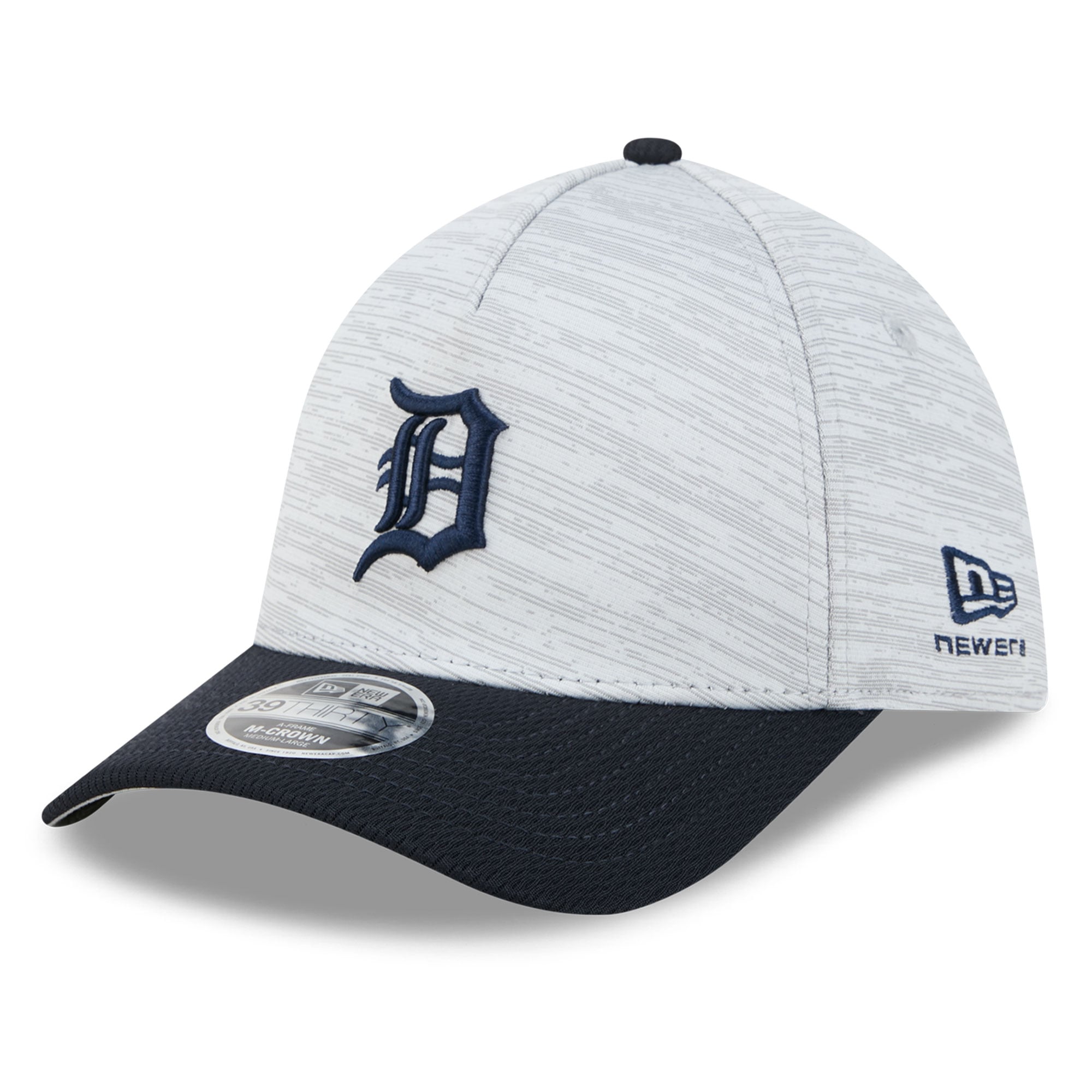 Casquette New Era Tech 39THIRTY Flex grise et marine pour homme, modèle A-Frame, aux couleurs des Tigers de Détroit.