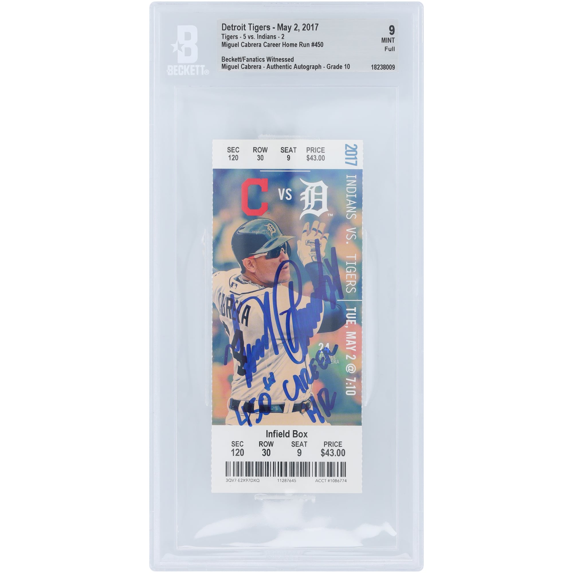 Miguel Cabrera Detroit Tigers Autographed 450th Career Home Run Beckett Fanatics Witnessed Authenticated 9/10 Ticket from May 02, 2017 with "450th Career HR" Inscription