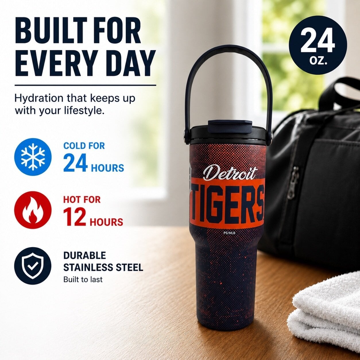 Gourde Pegasus Detroit Tigers de 710 ml (24 oz) en acier inoxydable à double bouchon et motif moucheté dégradé