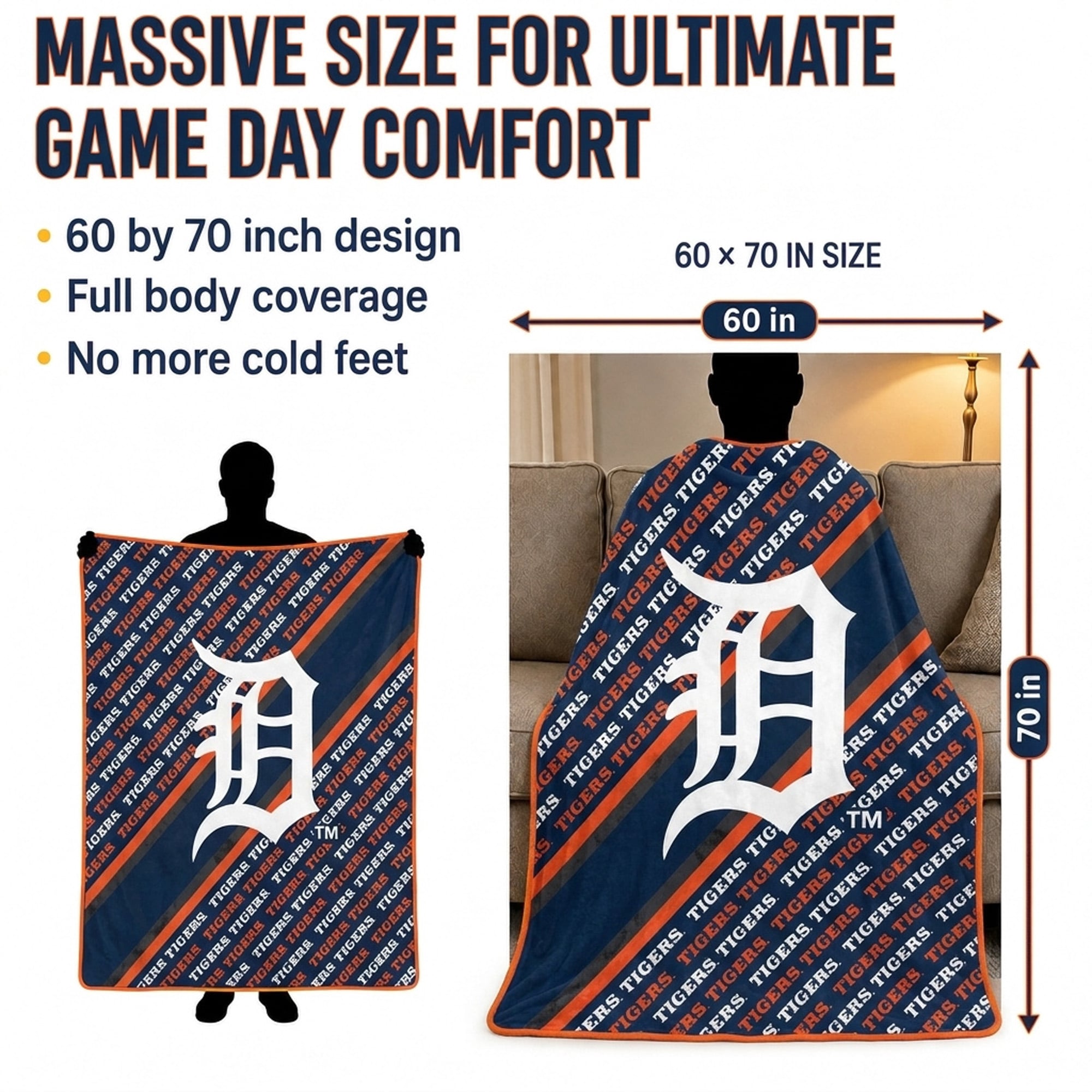 Pegasus Detroit Tigers 60" x 70" Diagonal Lined Wordmark Ultra Soft Blanket