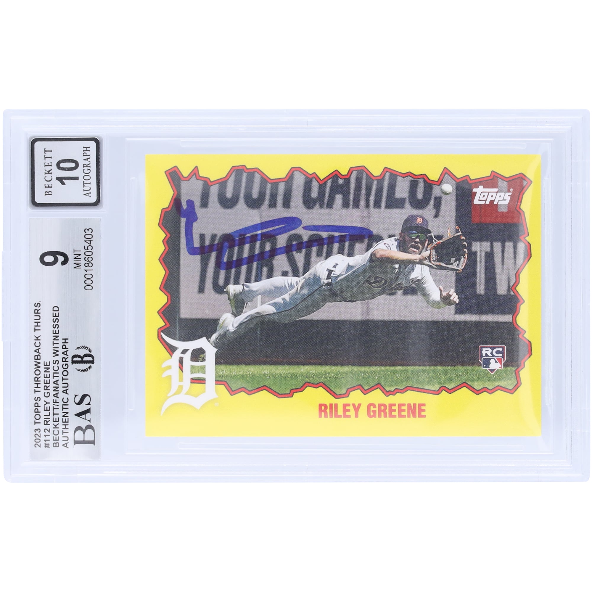 Carte de recrue autographiée de Riley Greene (Detroit Tigers), modèle Topps TBT 2023 : Robocop 2 de 1990, n° 112, authentifiée par Beckett Fanatics Witnessed (note : 9/10).
