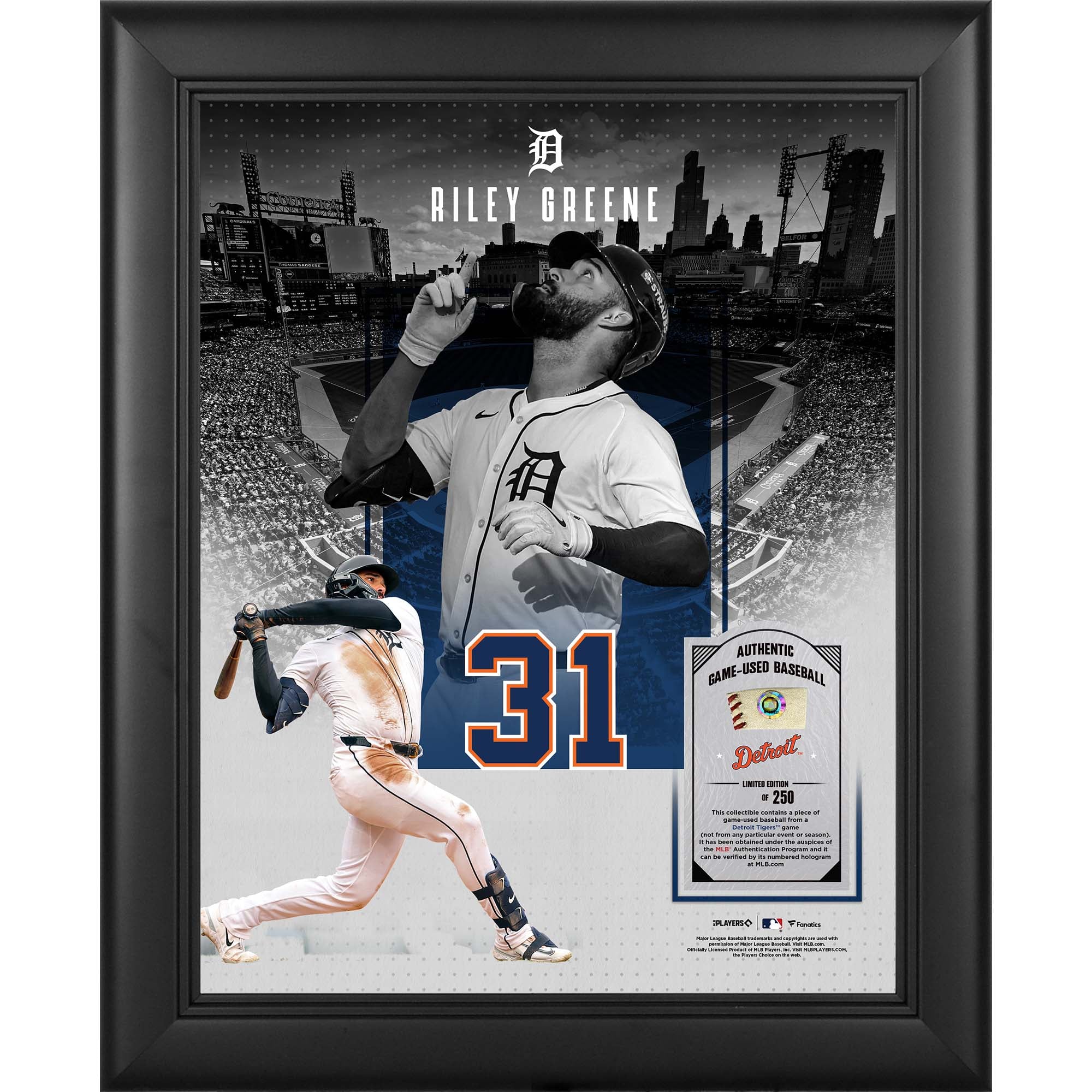 Collage encadré 11" x 14" de Riley Greene, représentant les Tigers de Detroit, avec un morceau de balle utilisée en match - Édition limitée à 250 exemplaires