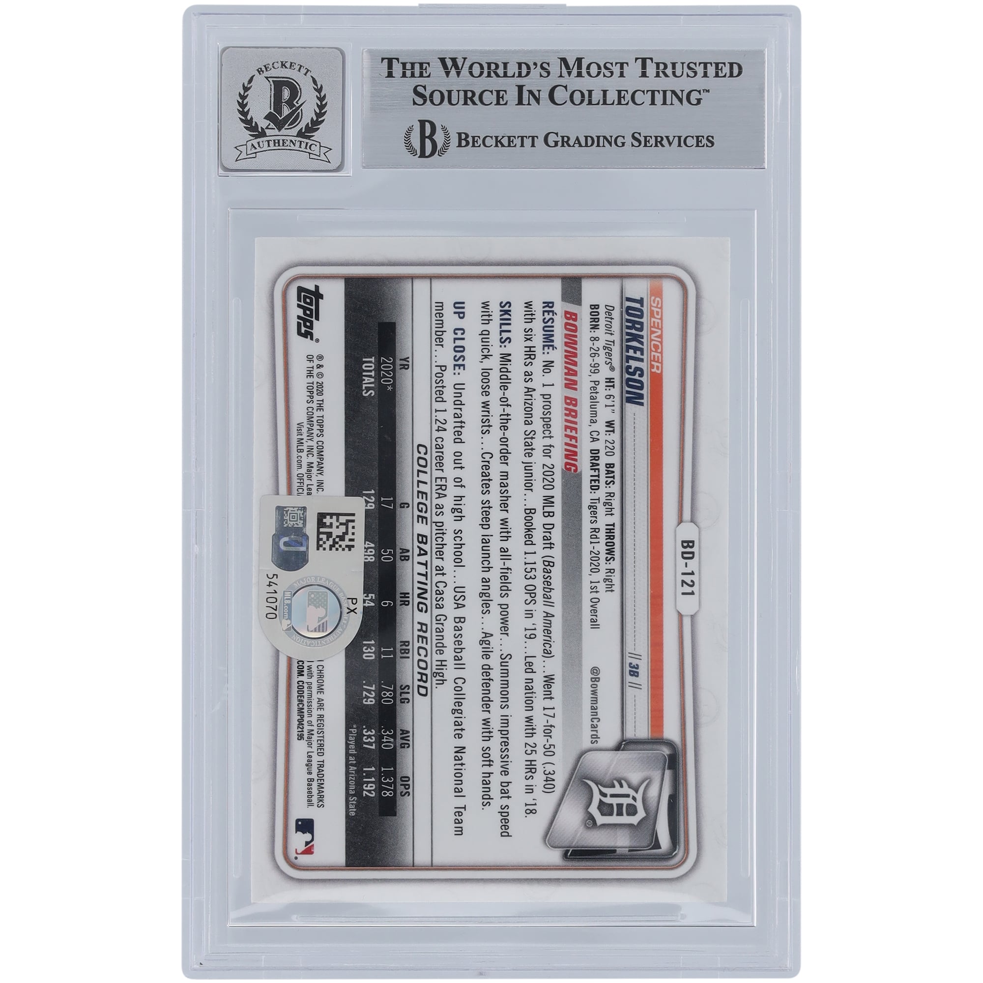 Spencer Torkelson Detroit Tigers autographié 2020 Bowman Chrome Draft #BD-121 Beckett Fanatics Witnessed Authenticated /10 Card