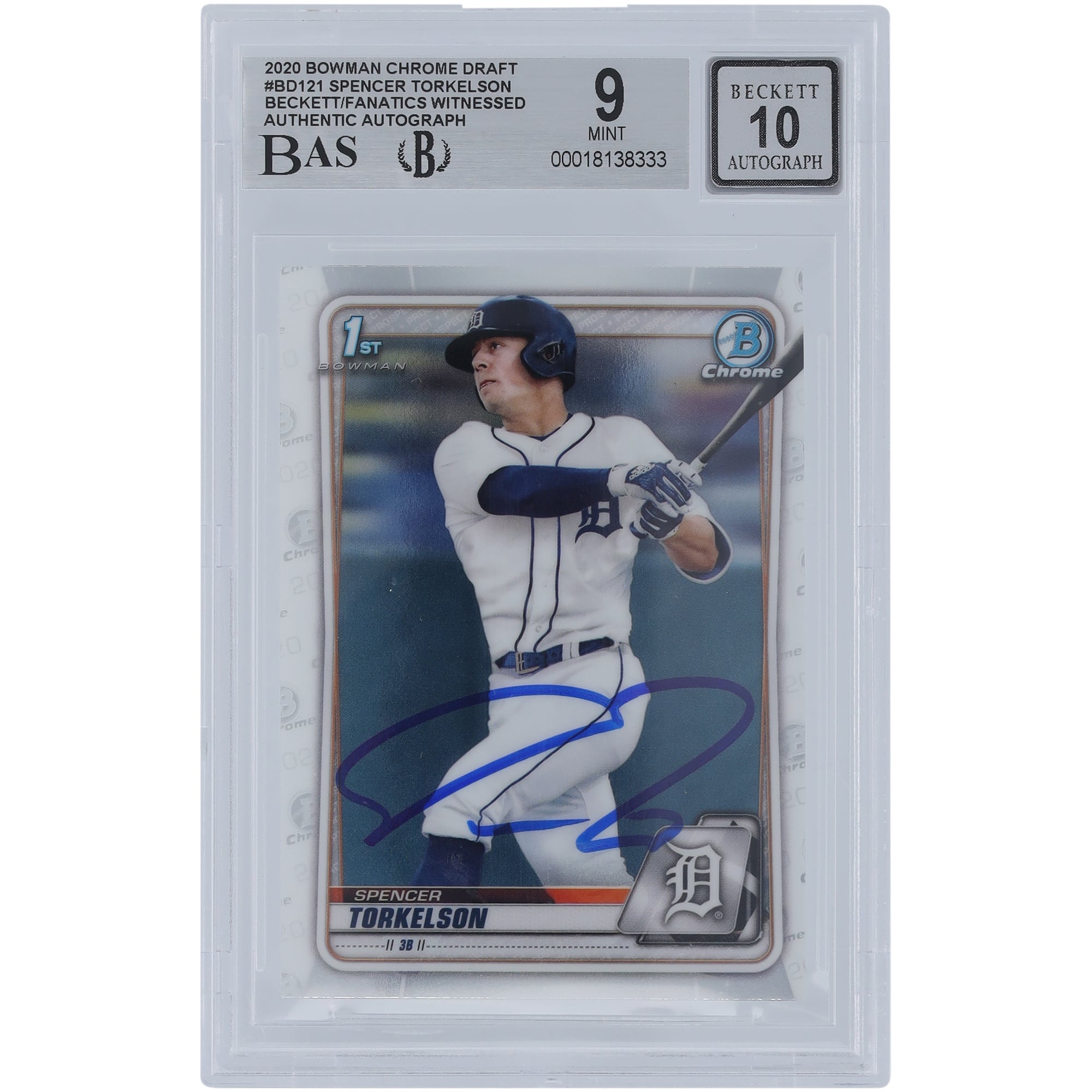Spencer Torkelson Detroit Tigers autographié 2020 Bowman Chrome Draft #BD-121 Beckett Fanatics Witnessed Authenticated /10 Card
