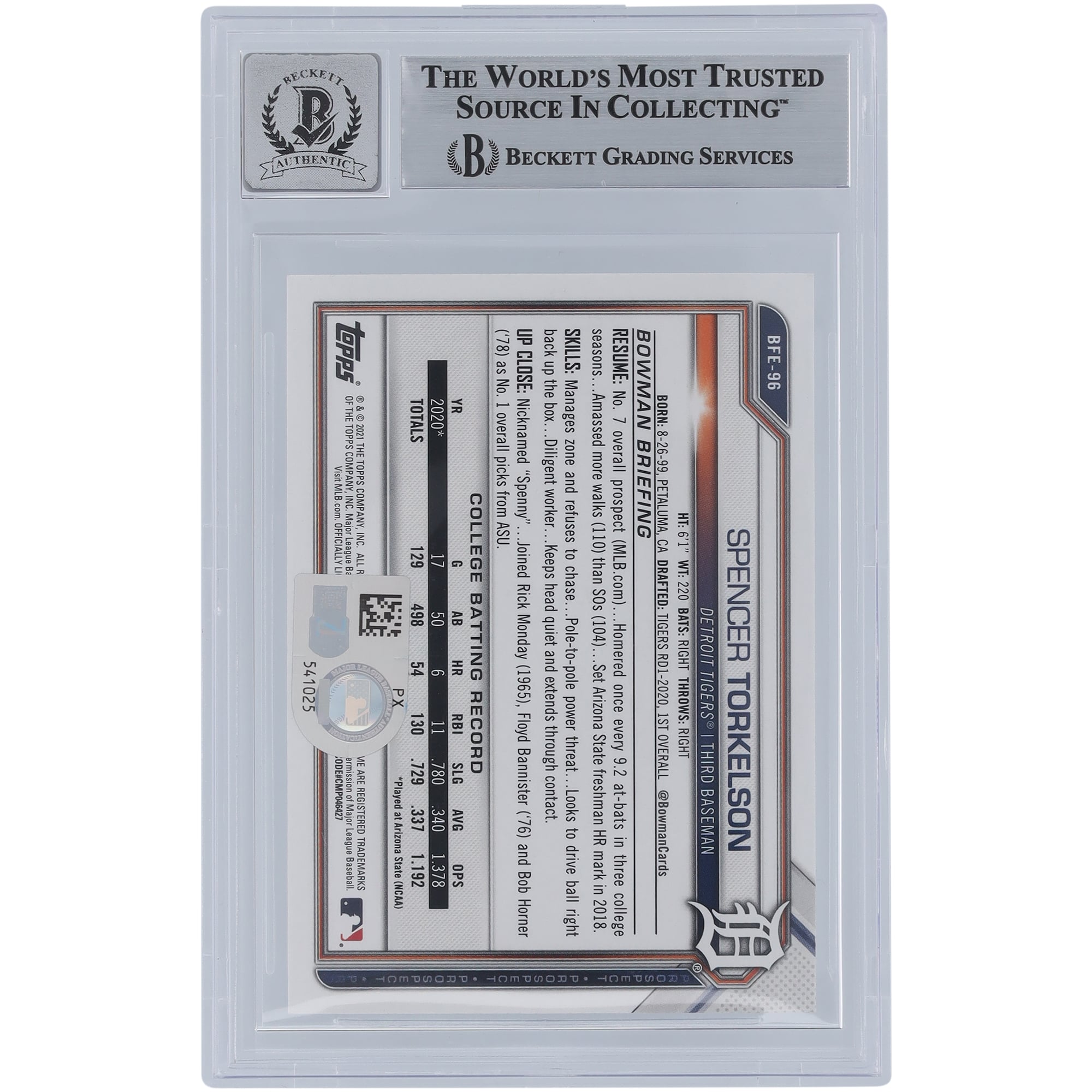 Spencer Torkelson Detroit Tigers Autographed 2021 Bowman 1st Edition Sky Blue Foil #BFE-96 Beckett Fanatics Witnessed Authenticated 9/10 Card