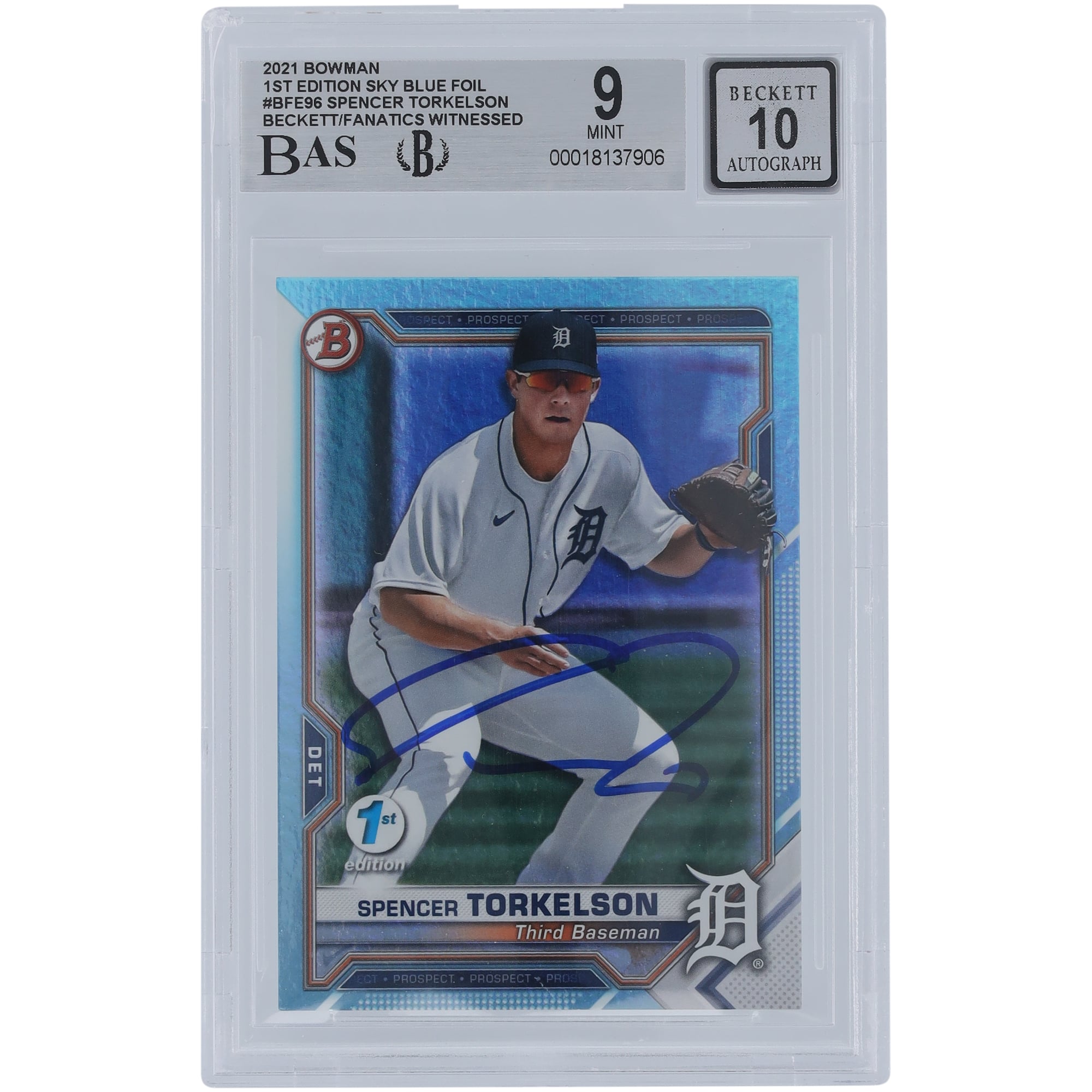 Spencer Torkelson Detroit Tigers Autographed 2021 Bowman 1st Edition Sky Blue Foil #BFE-96 Beckett Fanatics Witnessed Authenticated 9/10 Card