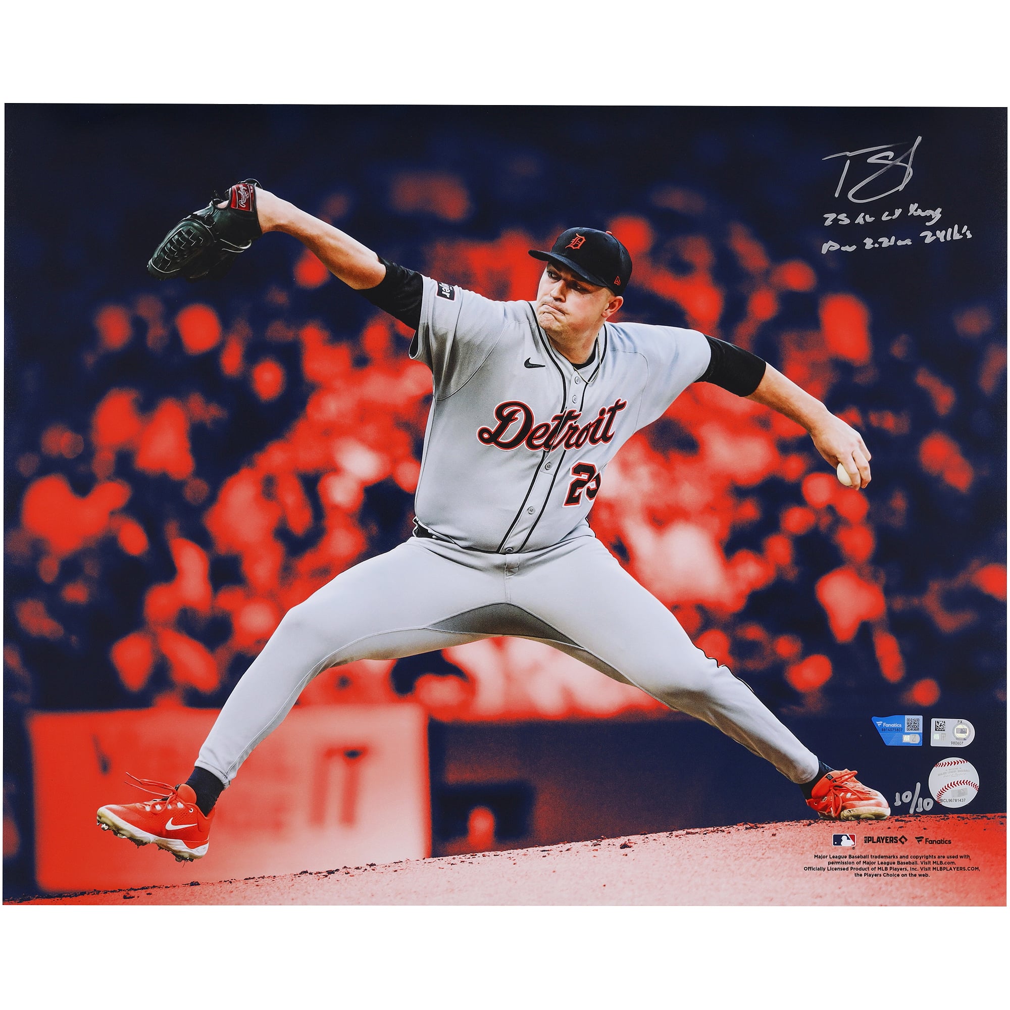 Photo dédicacée de Tarik Skubal (Detroit Tigers) - 40,6 x 50,8 cm (16 x 20 pouces) - Édition limitée n° 10/10 - Sélection Cy Young Spotlight 2025 de la Ligue américaine - Couleurs des Tigers - Dédicace multiple - Plusieurs inscriptions