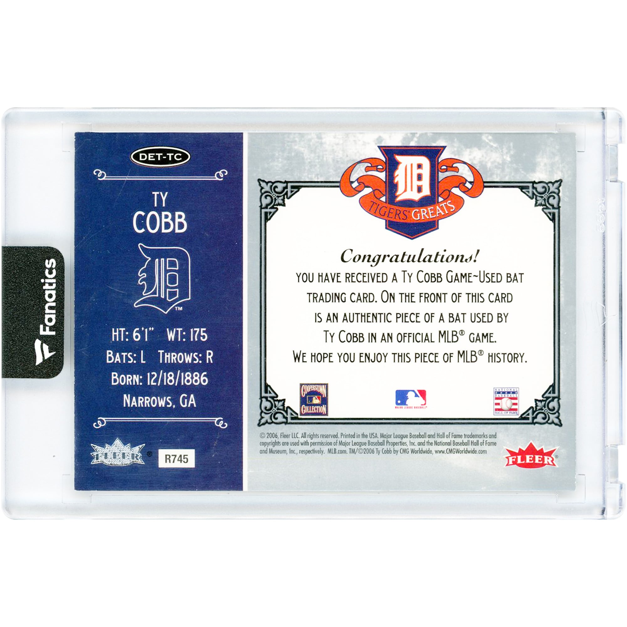 Carte Ty Cobb Detroit Tigers 2006 Fleer Greats of the Game - Bâton utilisé en match (relique) #DET-TC
