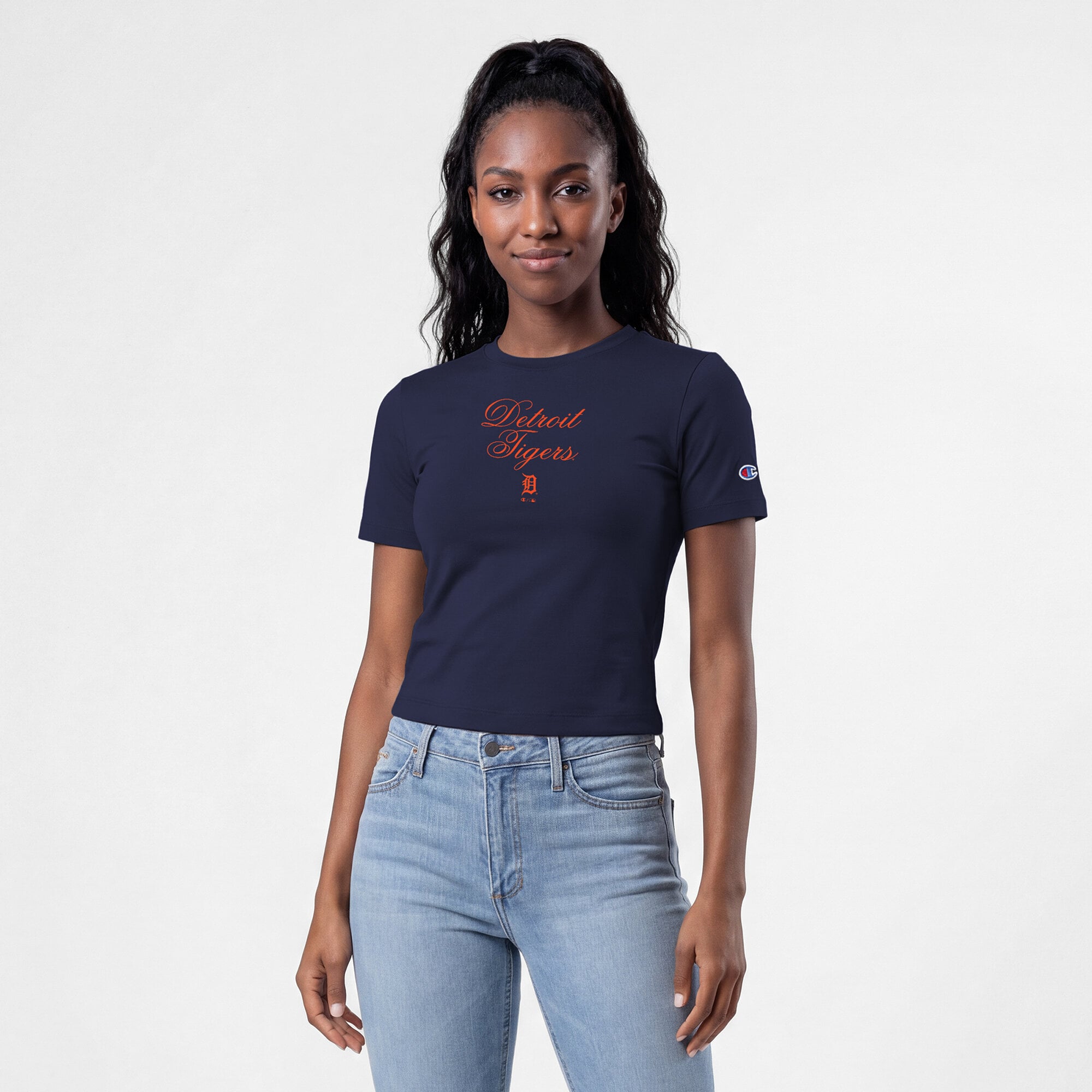 Women's Champion Navy Detroit Tigers Soft-Touch Fitted Cropped T-Shirt