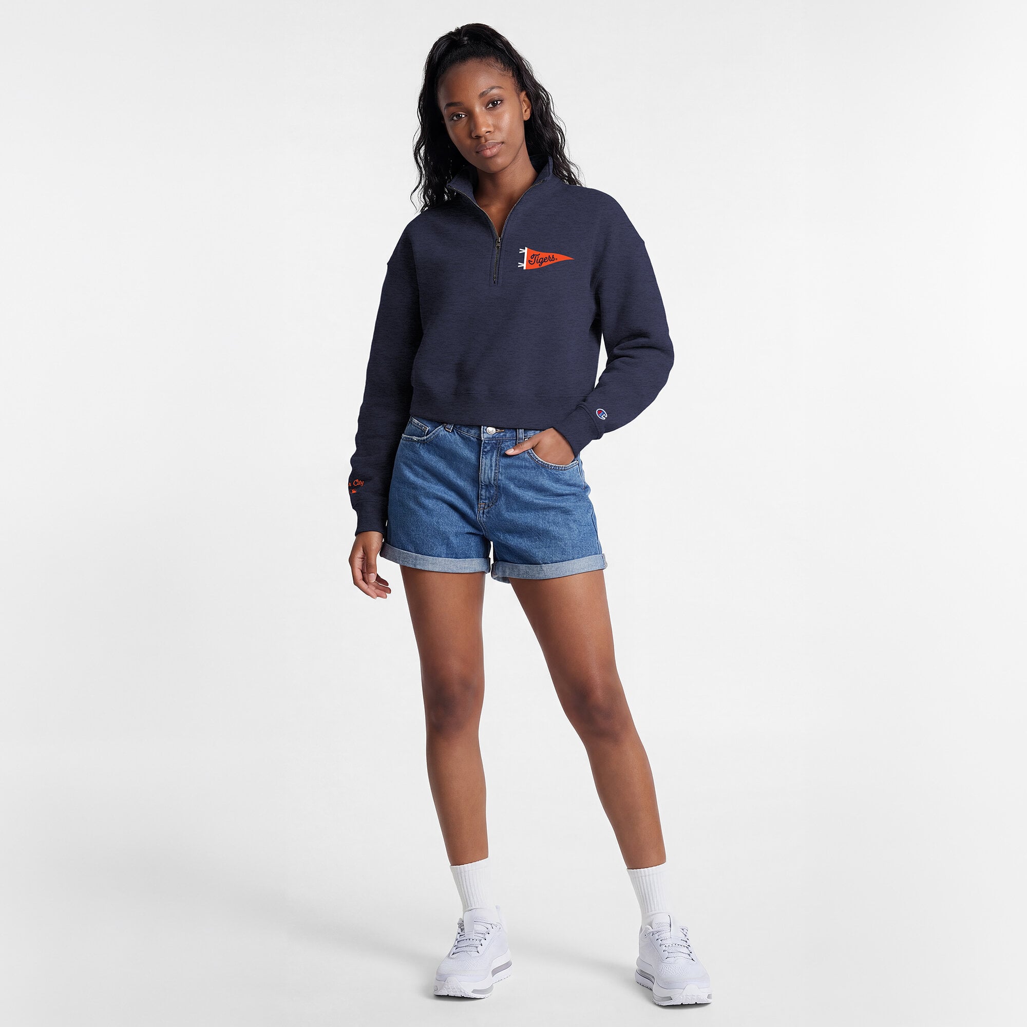 Pull court à col zippé Champion pour femme, bleu marine, Detroit Tigers Triumph, en polaire tri-blend.