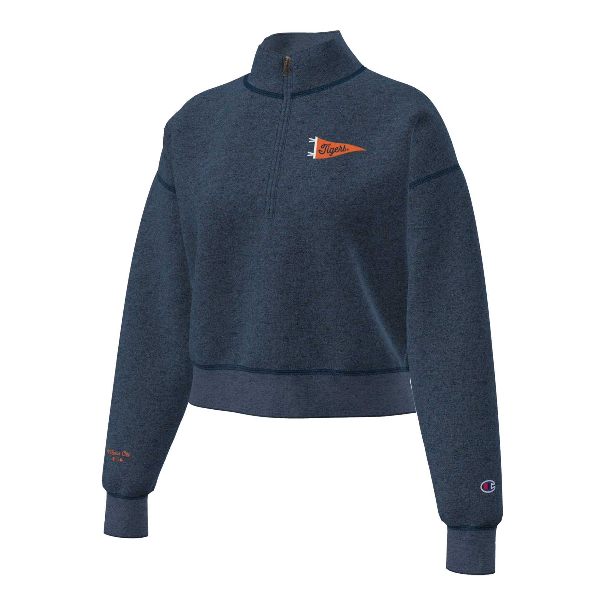 Pull court à col zippé Champion pour femme, bleu marine, Detroit Tigers Triumph, en polaire tri-blend.