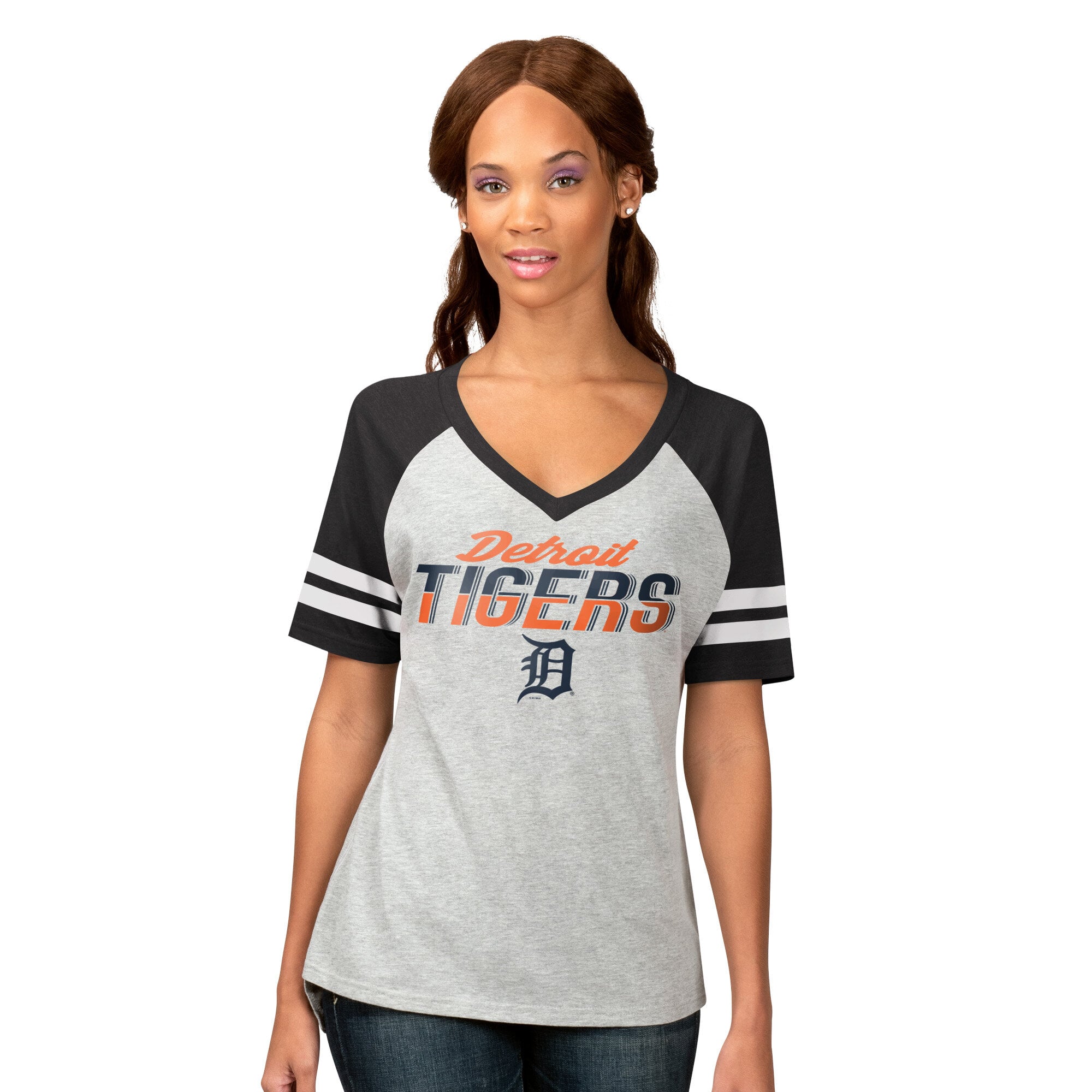 T-shirt raglan à col en V G-III 4Her pour femmes par Carl Banks, gris chiné, Detroit Tigers Goal Line