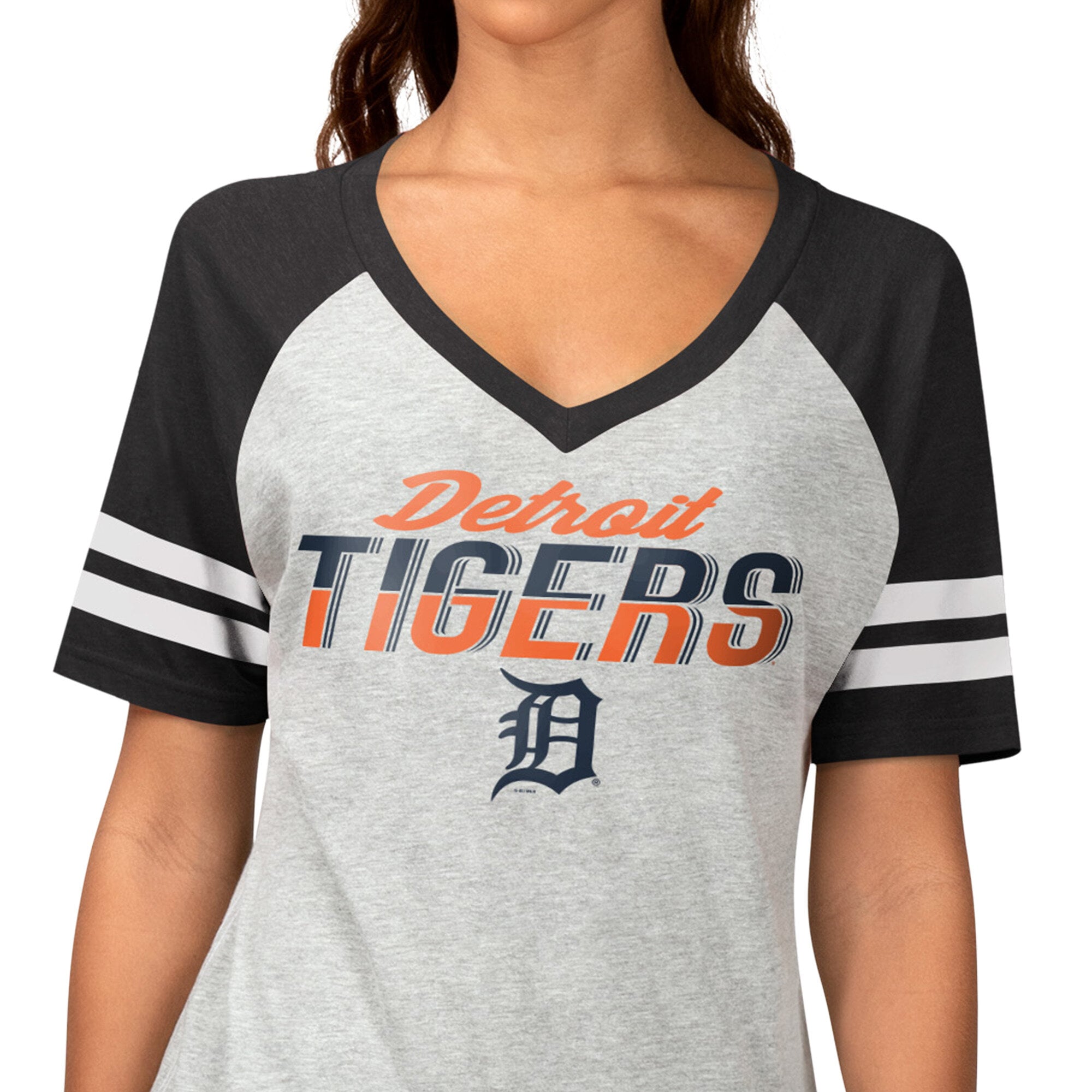 T-shirt raglan à col en V G-III 4Her pour femmes par Carl Banks, gris chiné, Detroit Tigers Goal Line