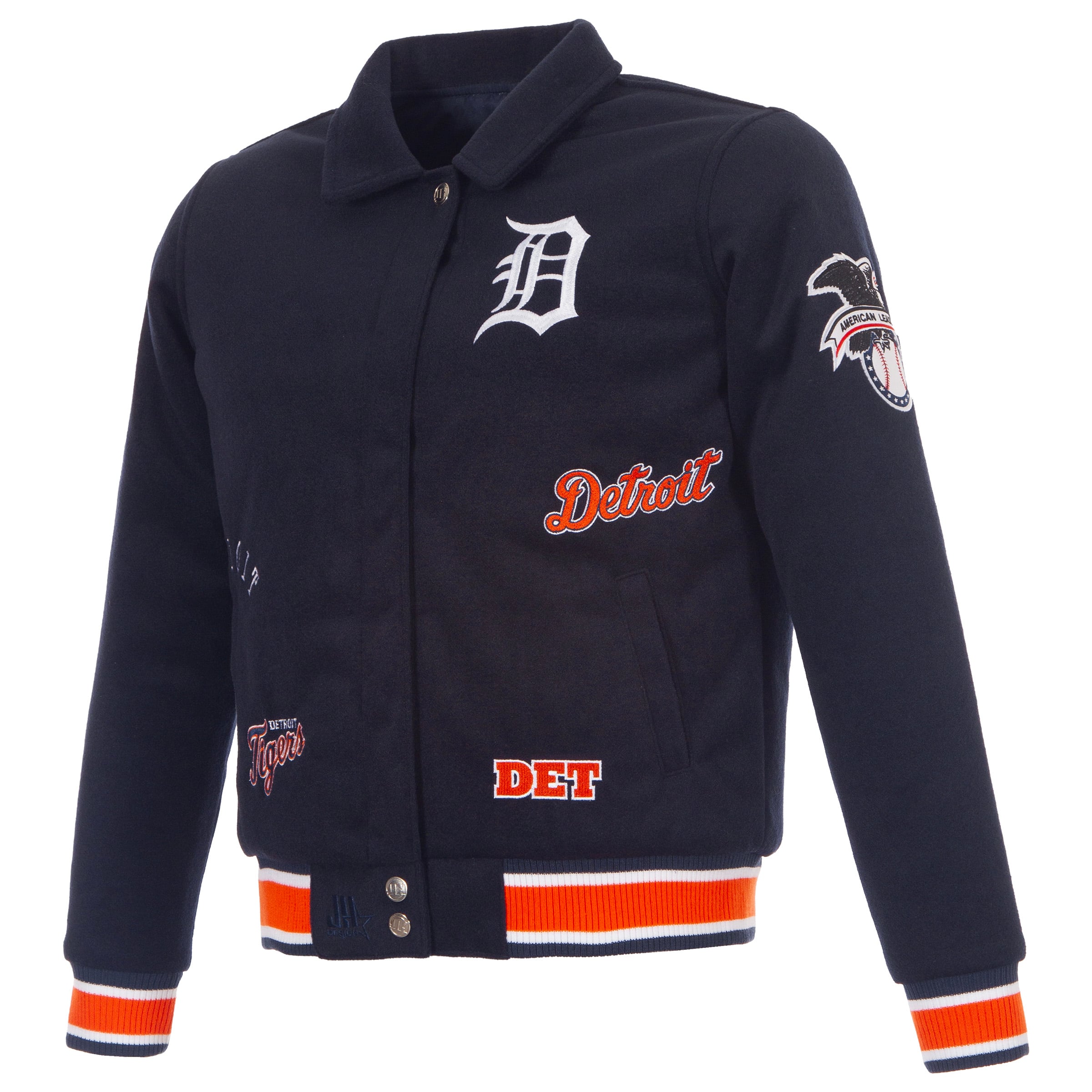 Veste réversible en laine bleu marine Detroit Tigers pour femme, modèle JH Design, fermeture à boutons-pression.