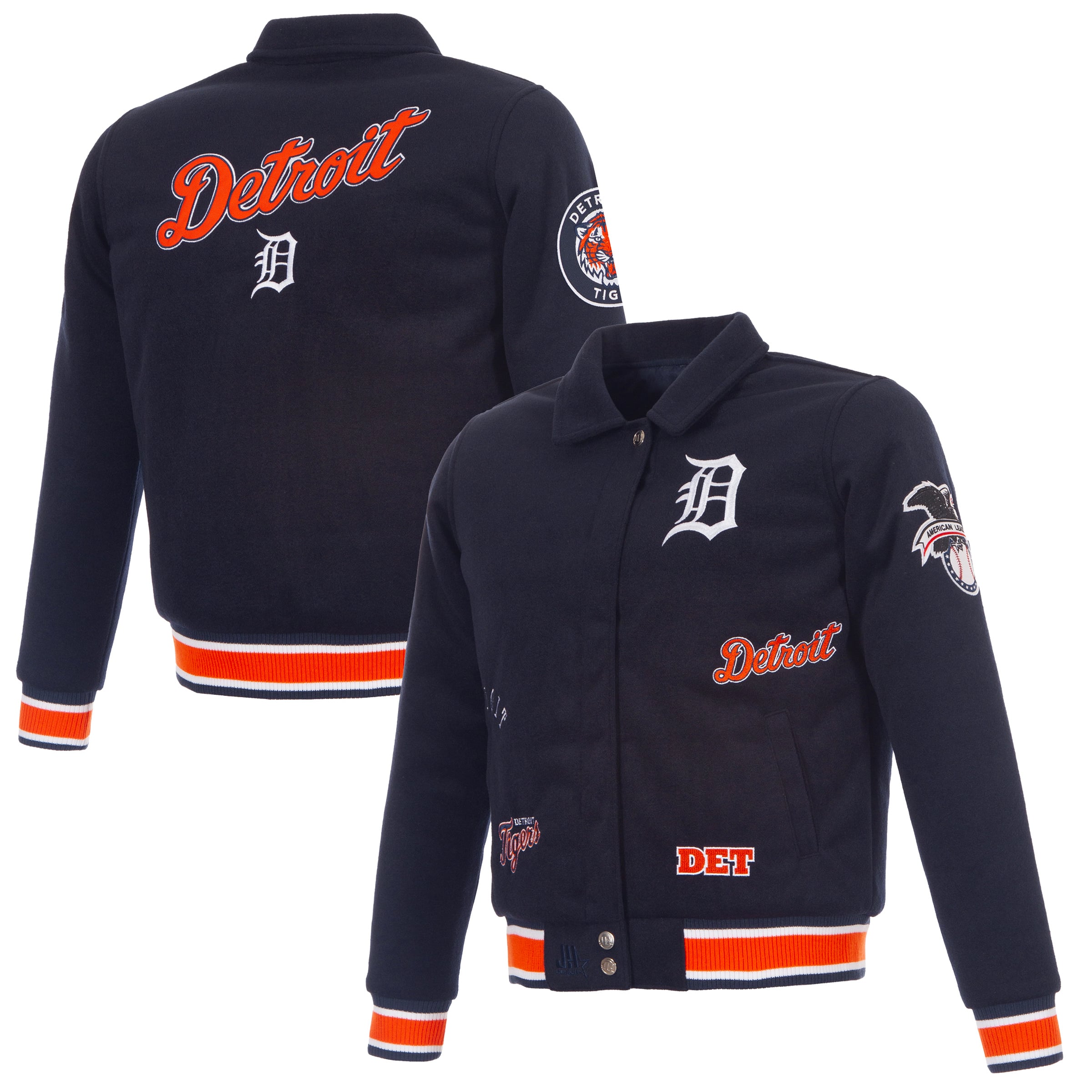 Veste réversible en laine bleu marine Detroit Tigers pour femme, modèle JH Design, fermeture à boutons-pression.