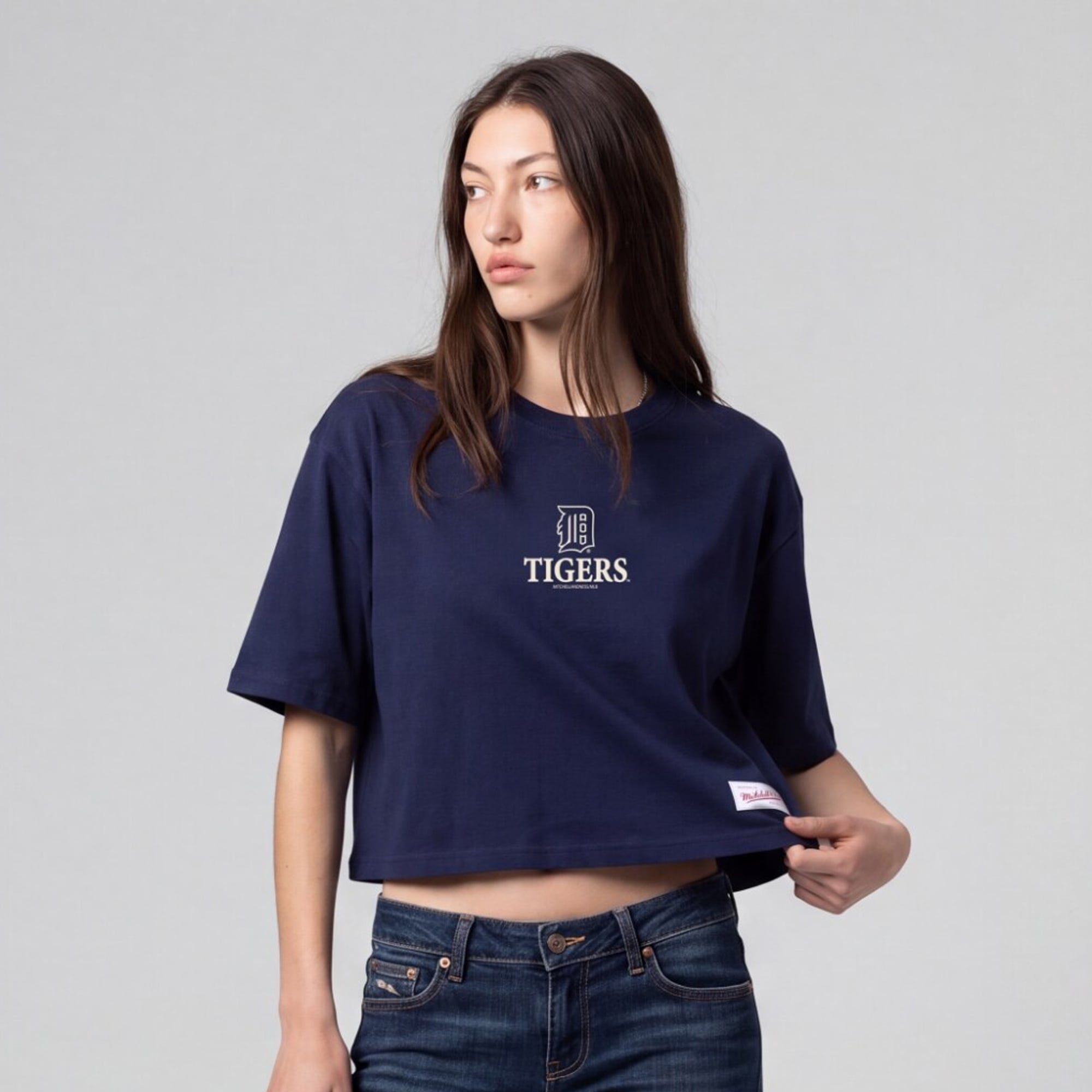 Women's Mitchell & Ness Navy Detroit Tigers Core Essentials Boxy Crop T-Shirt