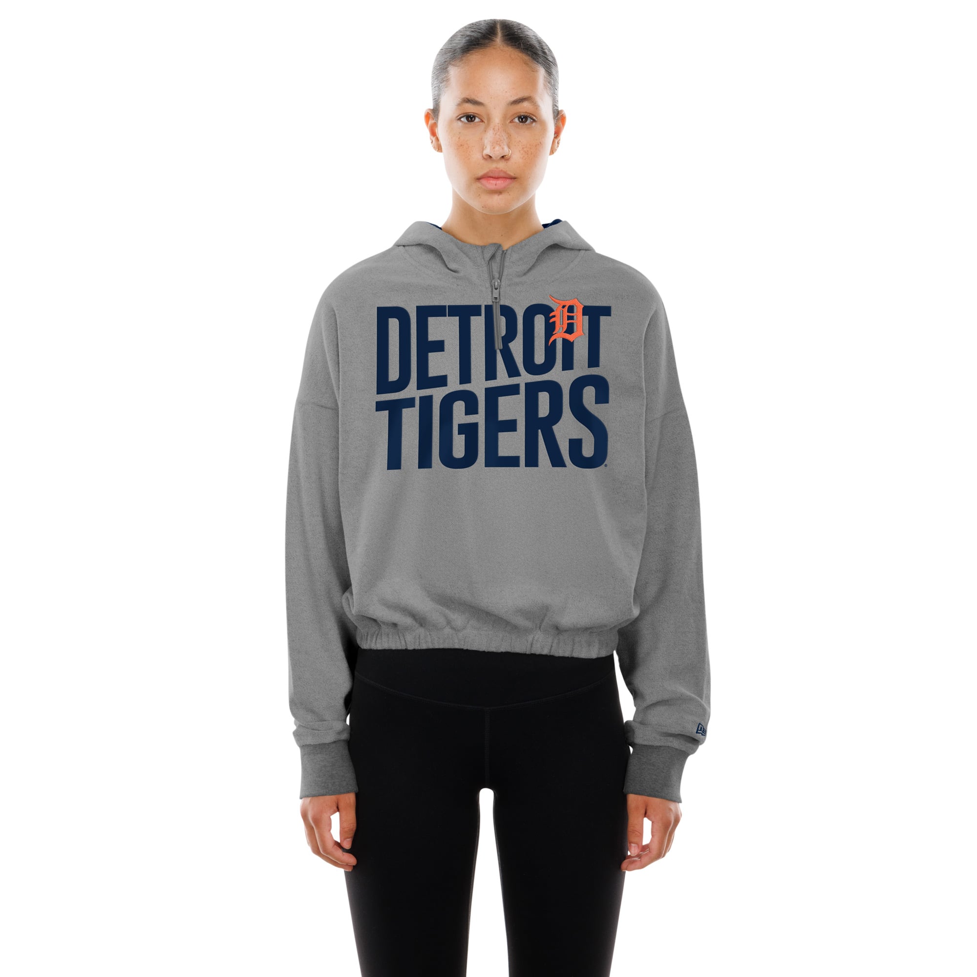 Sweat à capuche court bandes et fermeture éclair quart de tour New Era gris chiné Detroit Tigers pour femme