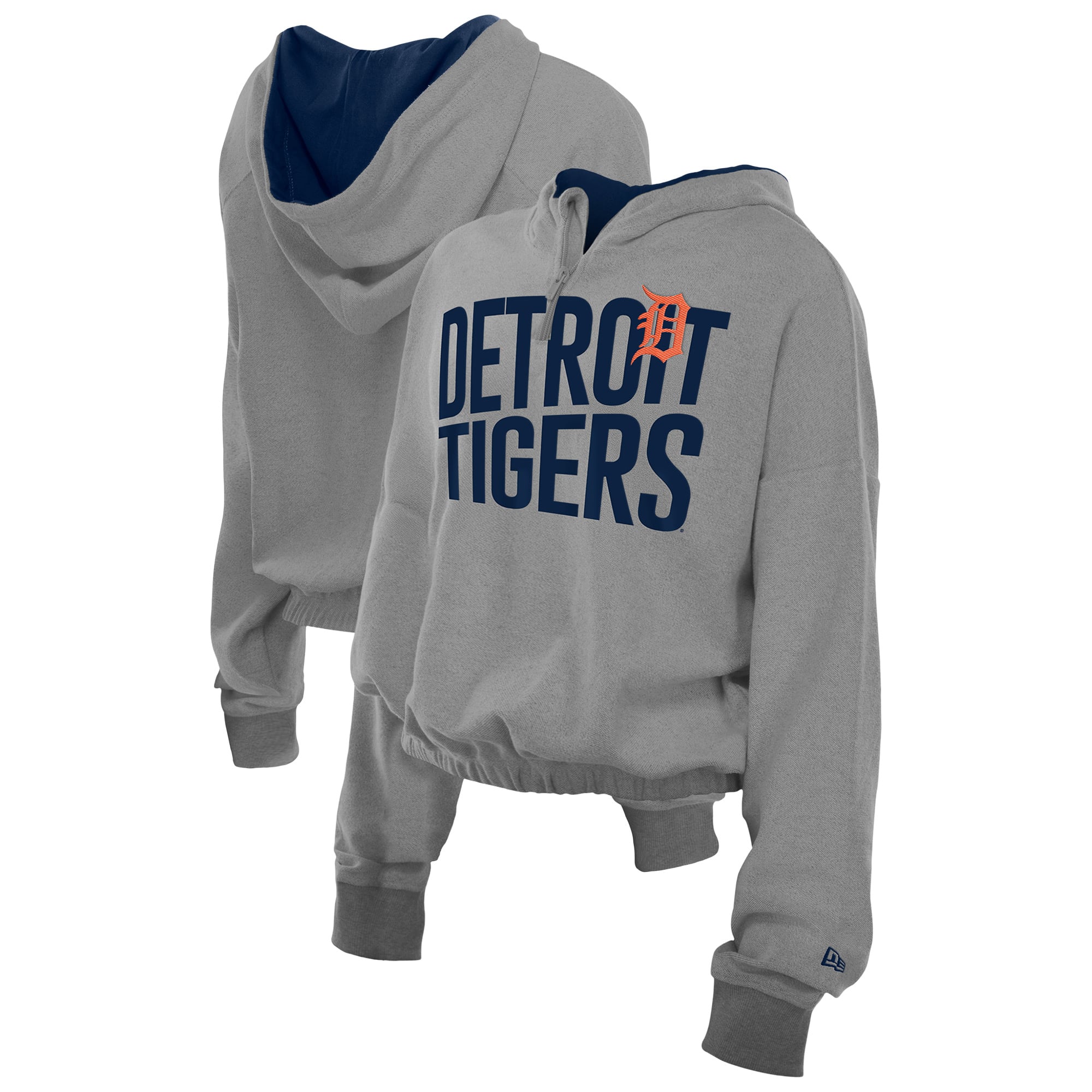 Sweat à capuche court bandes et fermeture éclair quart de tour New Era gris chiné Detroit Tigers pour femme