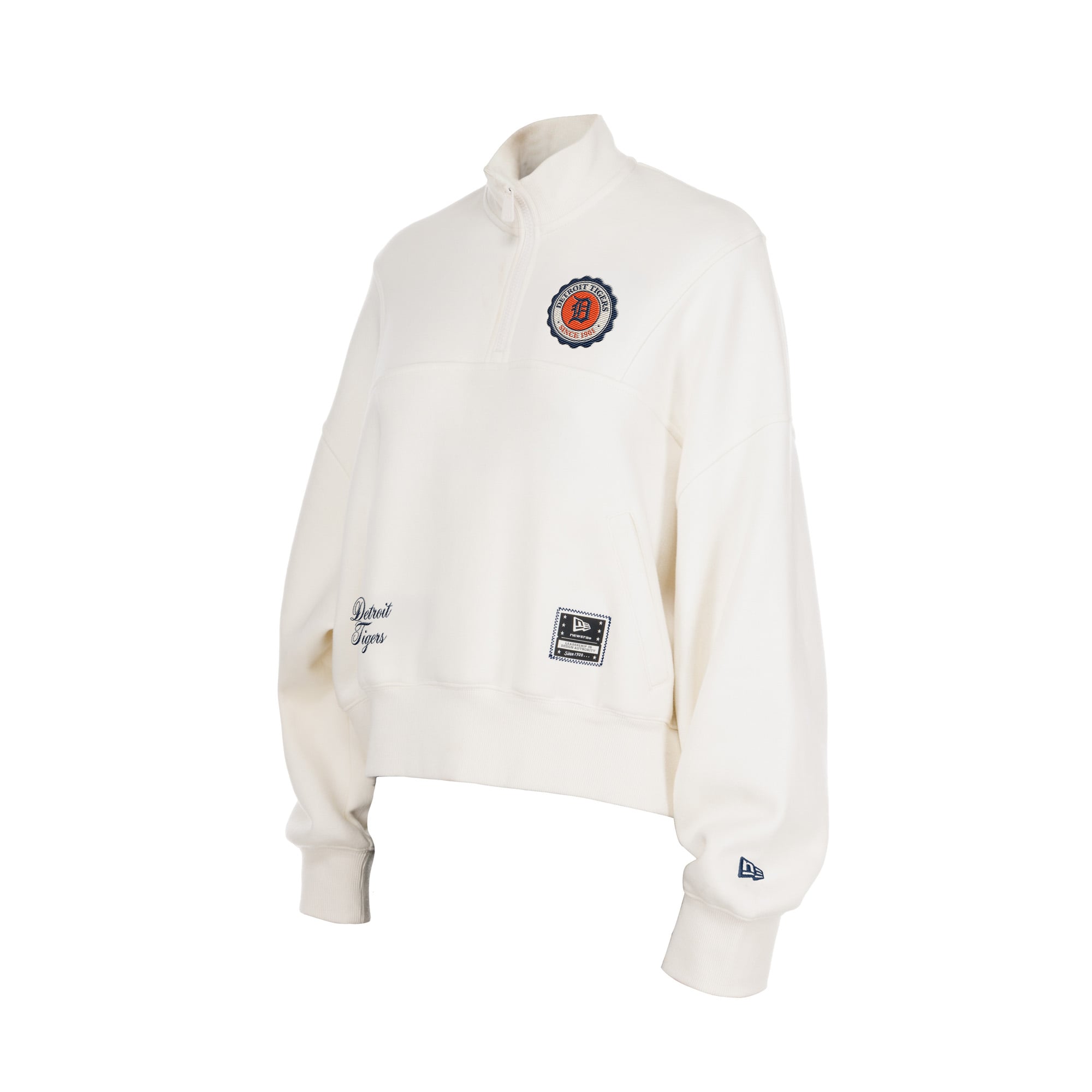 Pull polaire New Era beige clair pour femme, motif Detroit Tigers Dune Dust, fermeture éclair 1/4