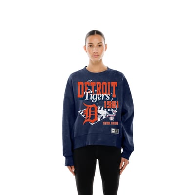 Detroit Tigers New Era Women's Throwback Mineral Wash Boxy Sweatshirt - Navy