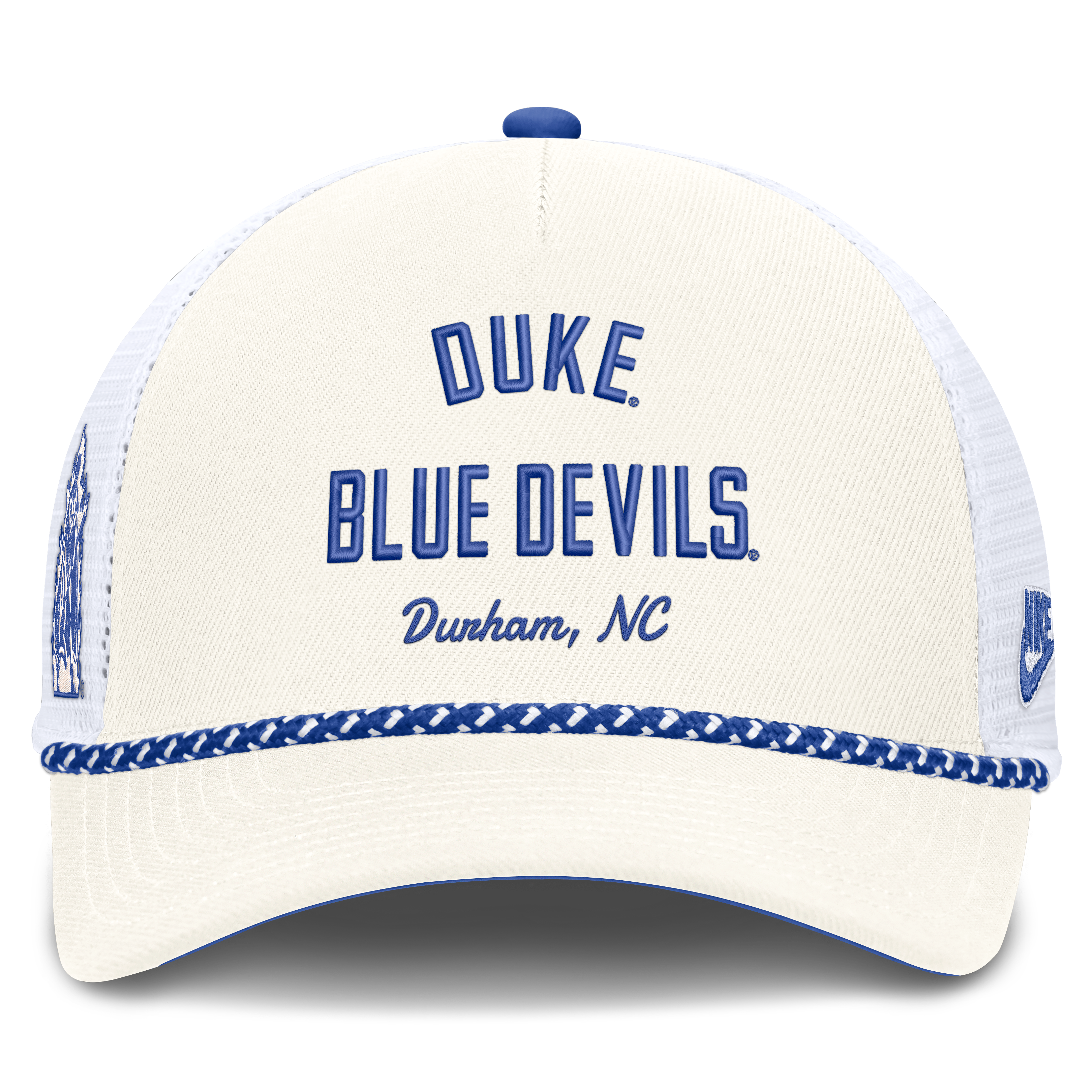 Casquette trucker unisexe Nike blanche Duke Blue Devils Mascot Rope, ajustable