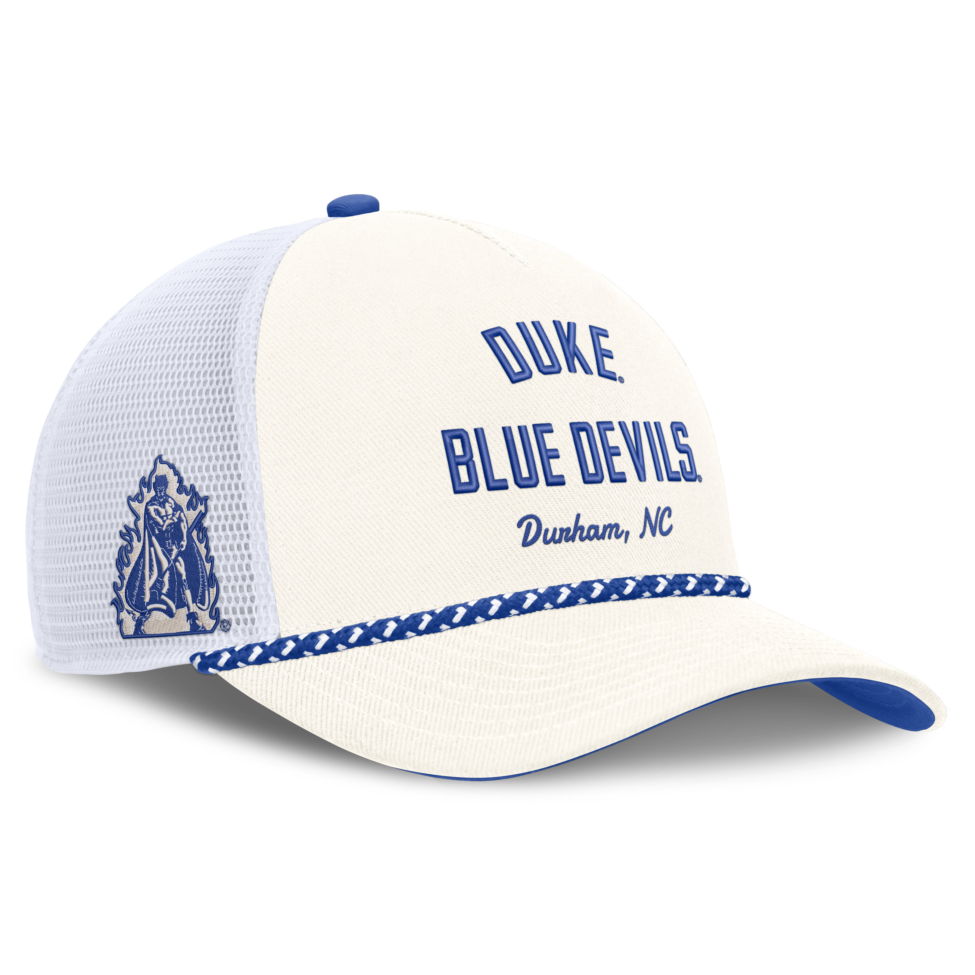 Casquette trucker unisexe Nike blanche Duke Blue Devils Mascot Rope, ajustable