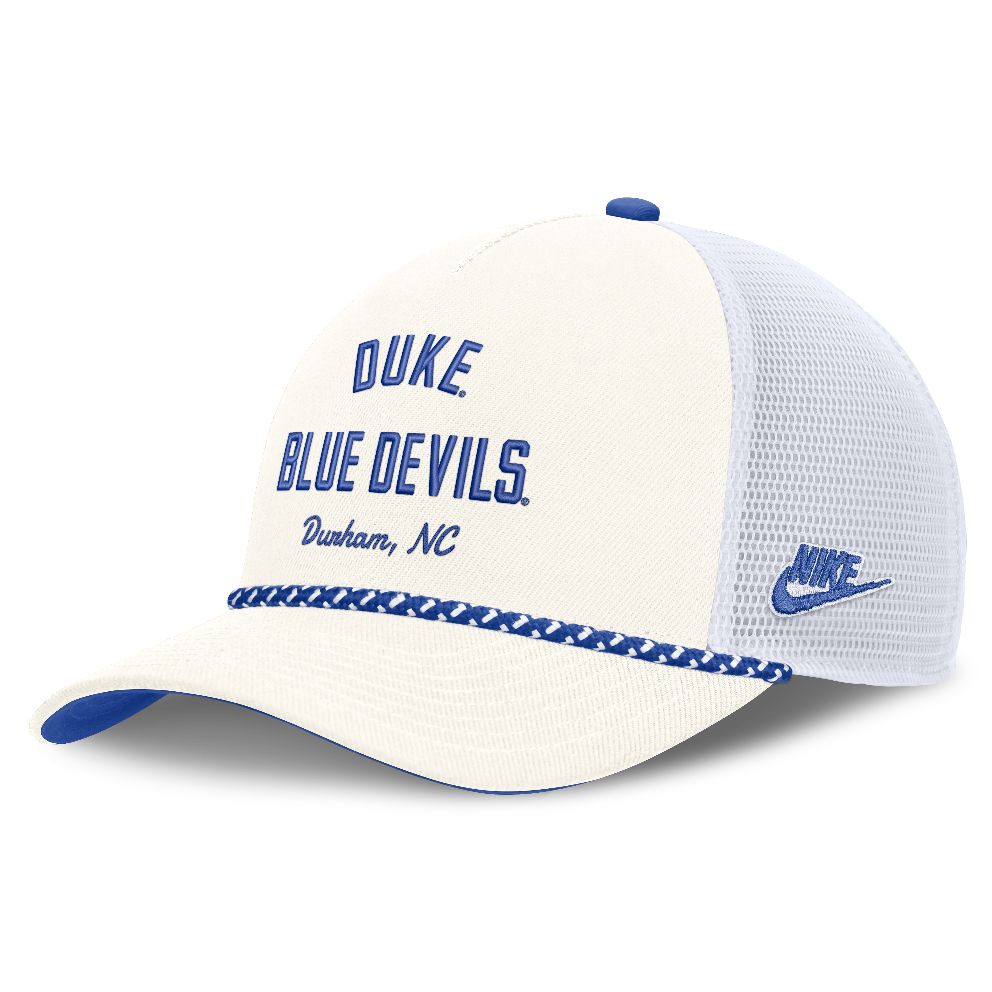Casquette trucker unisexe Nike blanche Duke Blue Devils Mascot Rope, ajustable