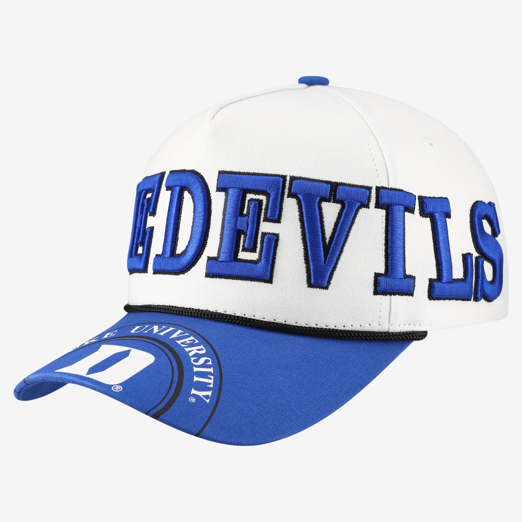 Casquette ajustable à cinq panneaux pour femmes, modèle Duke Blue Devils, blanche/royale, avec cordon de serrage.