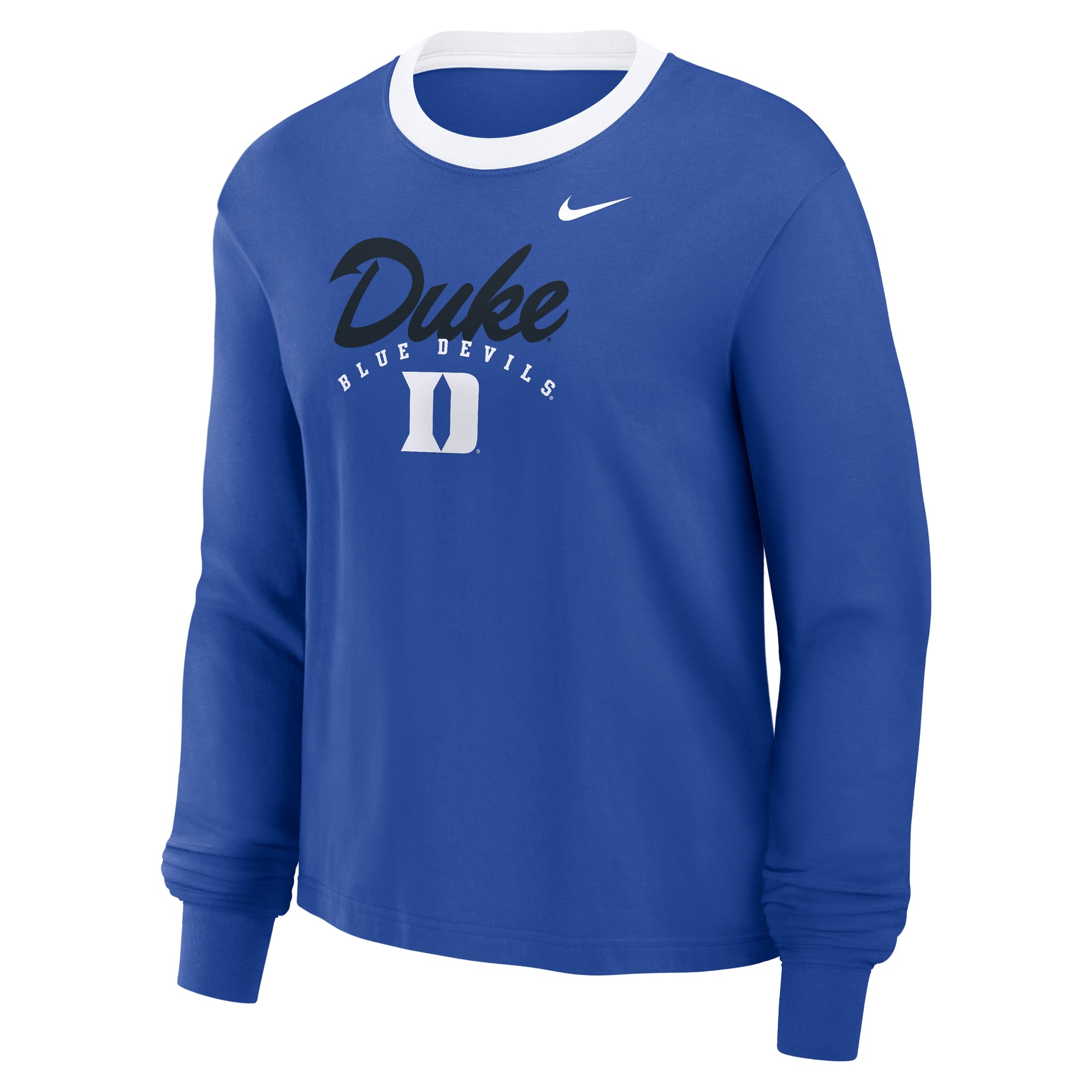 T-shirt à manches longues Nike Duke Blue Devils Royal Ringer Boxy pour femme