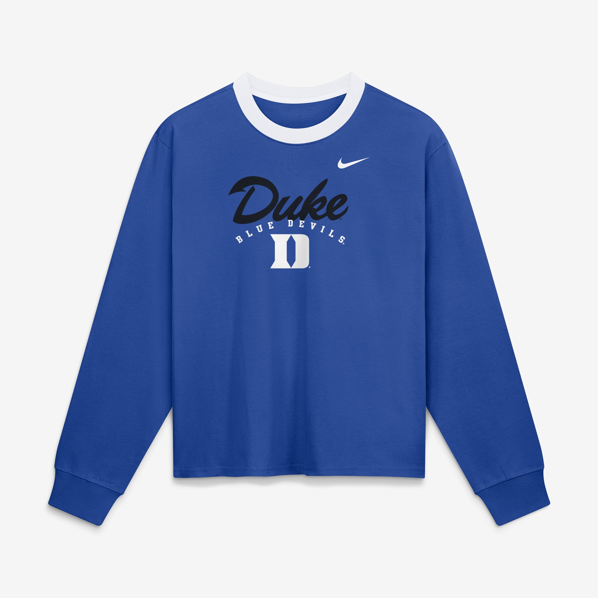 T-shirt à manches longues Nike Duke Blue Devils Royal Ringer Boxy pour femme