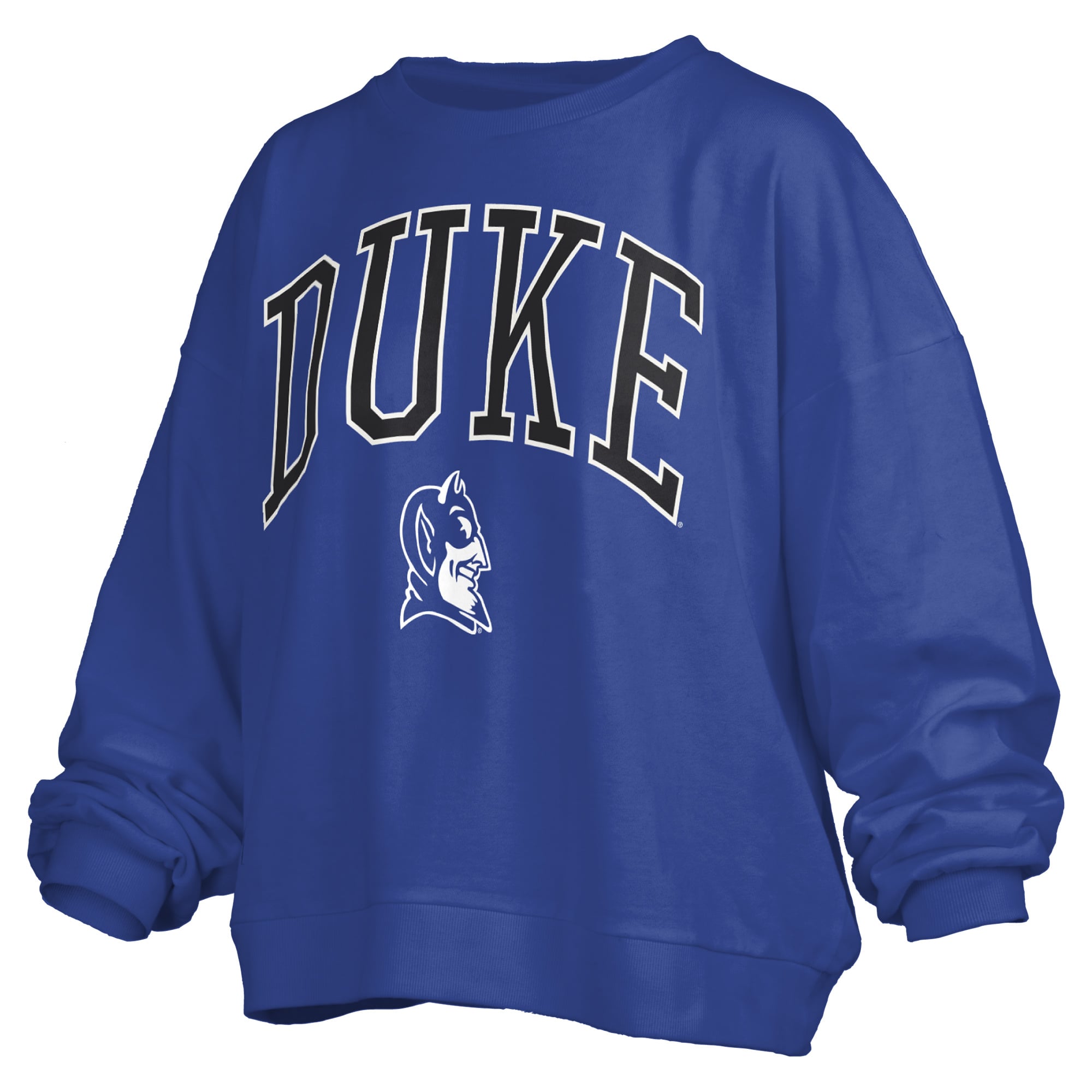 Women's Pressbox Royal Duke Blue Devils Oversized Janise Arch Over Logo Fleece Sweatshirt