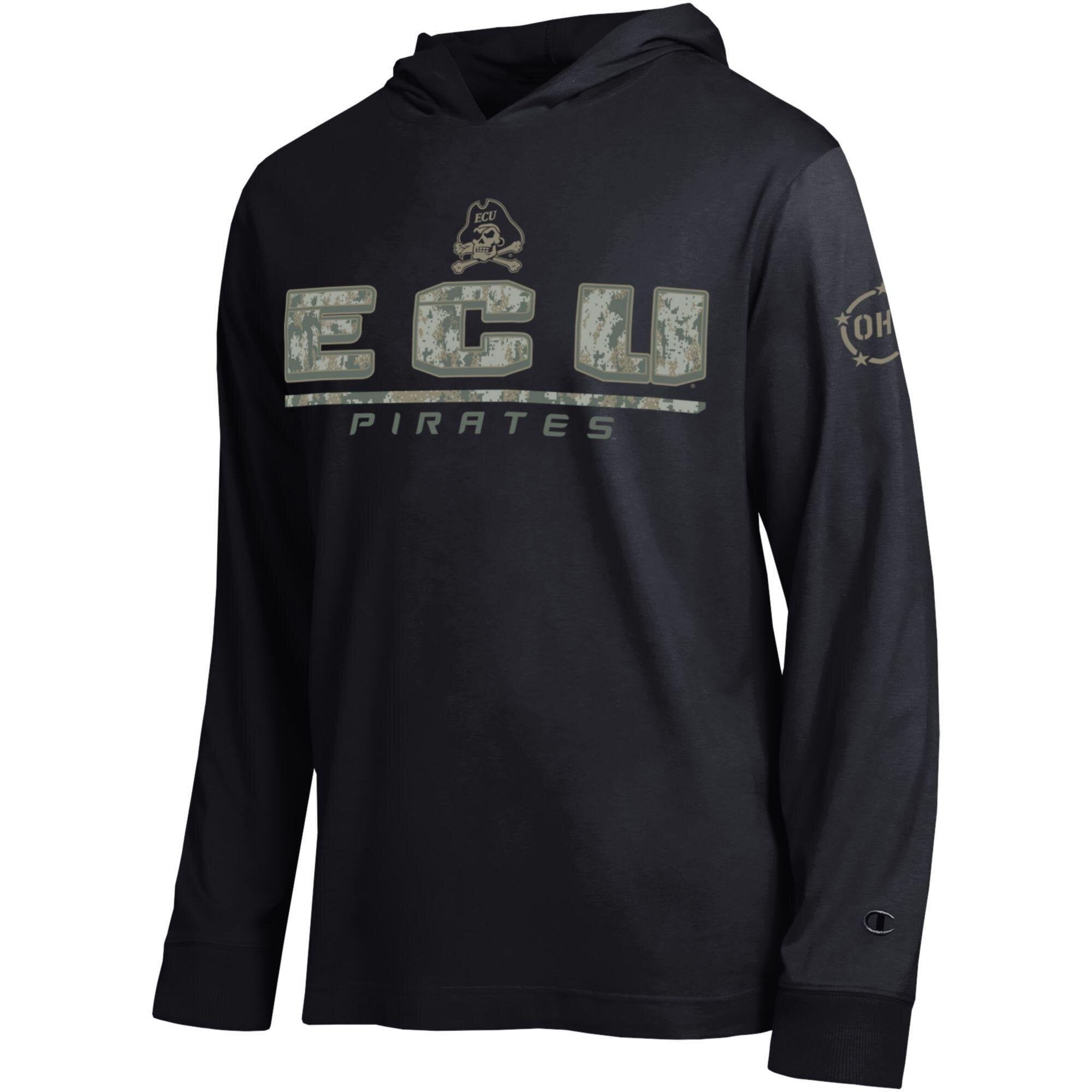 T-shirt à manches longues et capuche Champion noir ECU Pirates Operation Hat Trick Camo Script pour homme