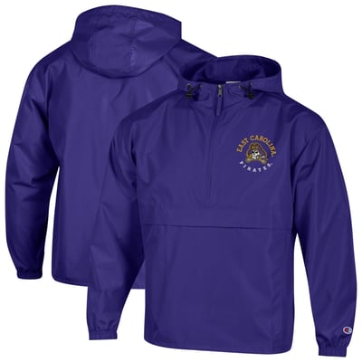  ECU Pirates Champion Embroidered Half-Zip Hooded Packable Jacket - Purple