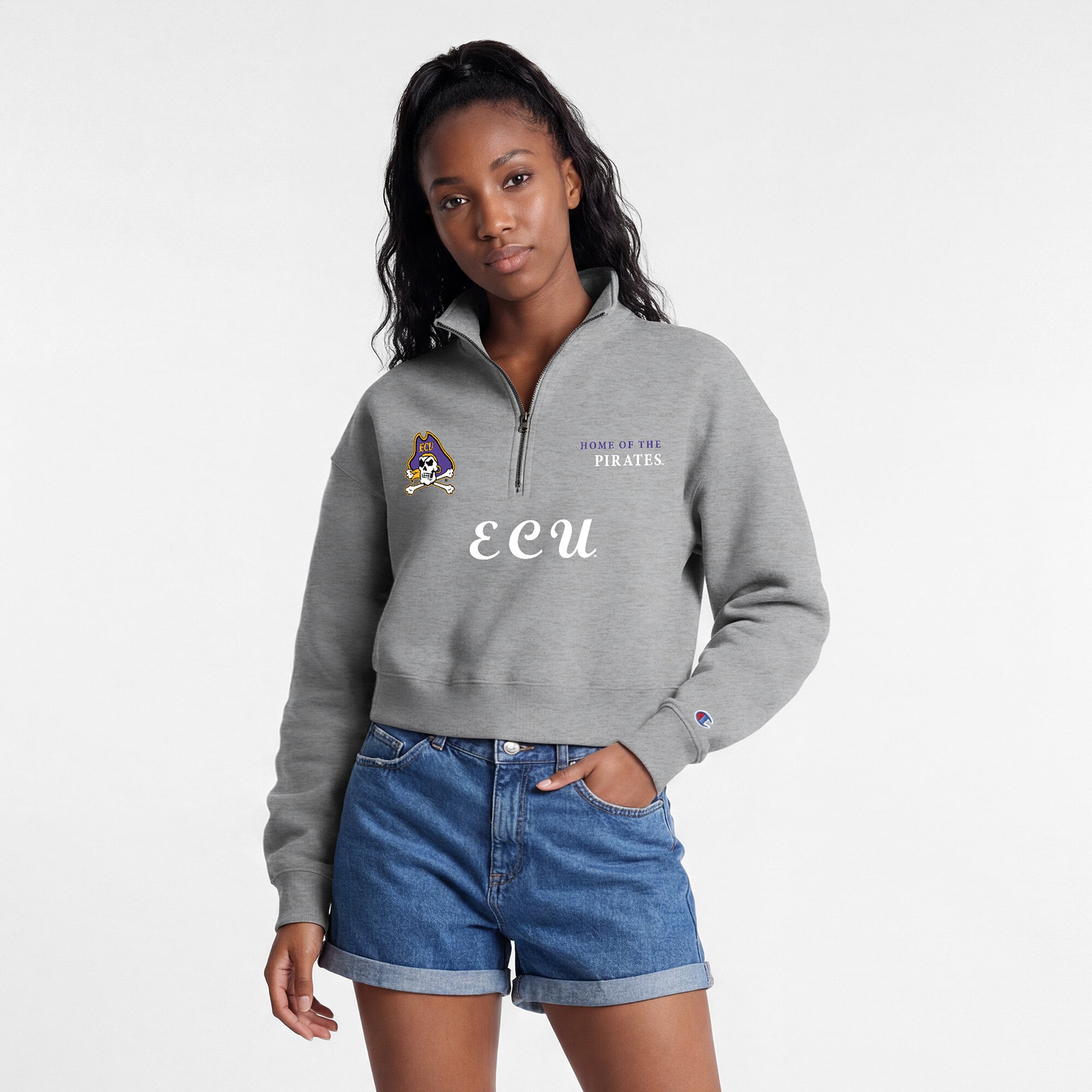 Women's Champion Gray ECU Pirates Academic Triumph Quarter-Zip Tri-Blend Pullover