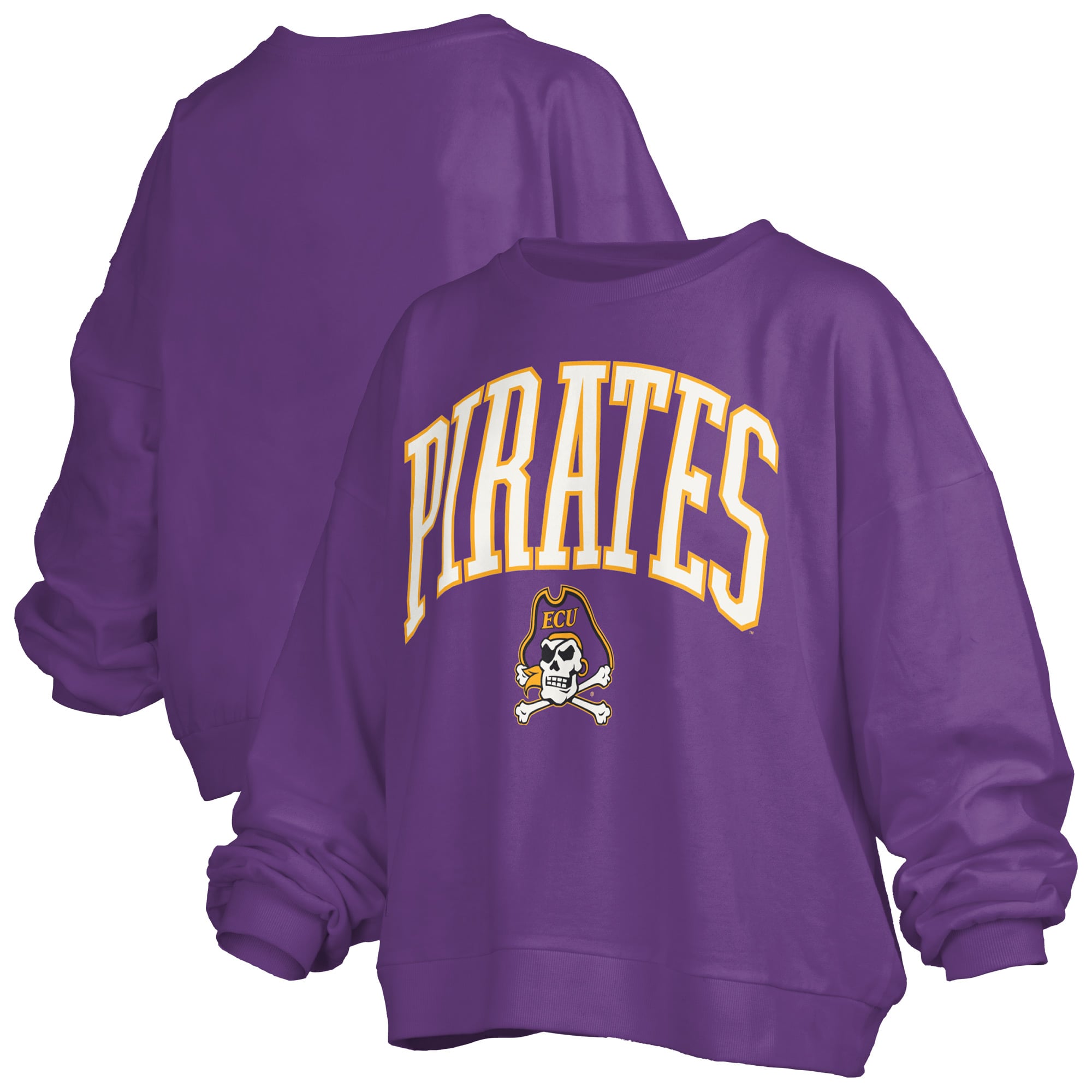 Women's Pressbox Purple ECU Pirates Oversized Janise Arch Over Logo Fleece Sweatshirt