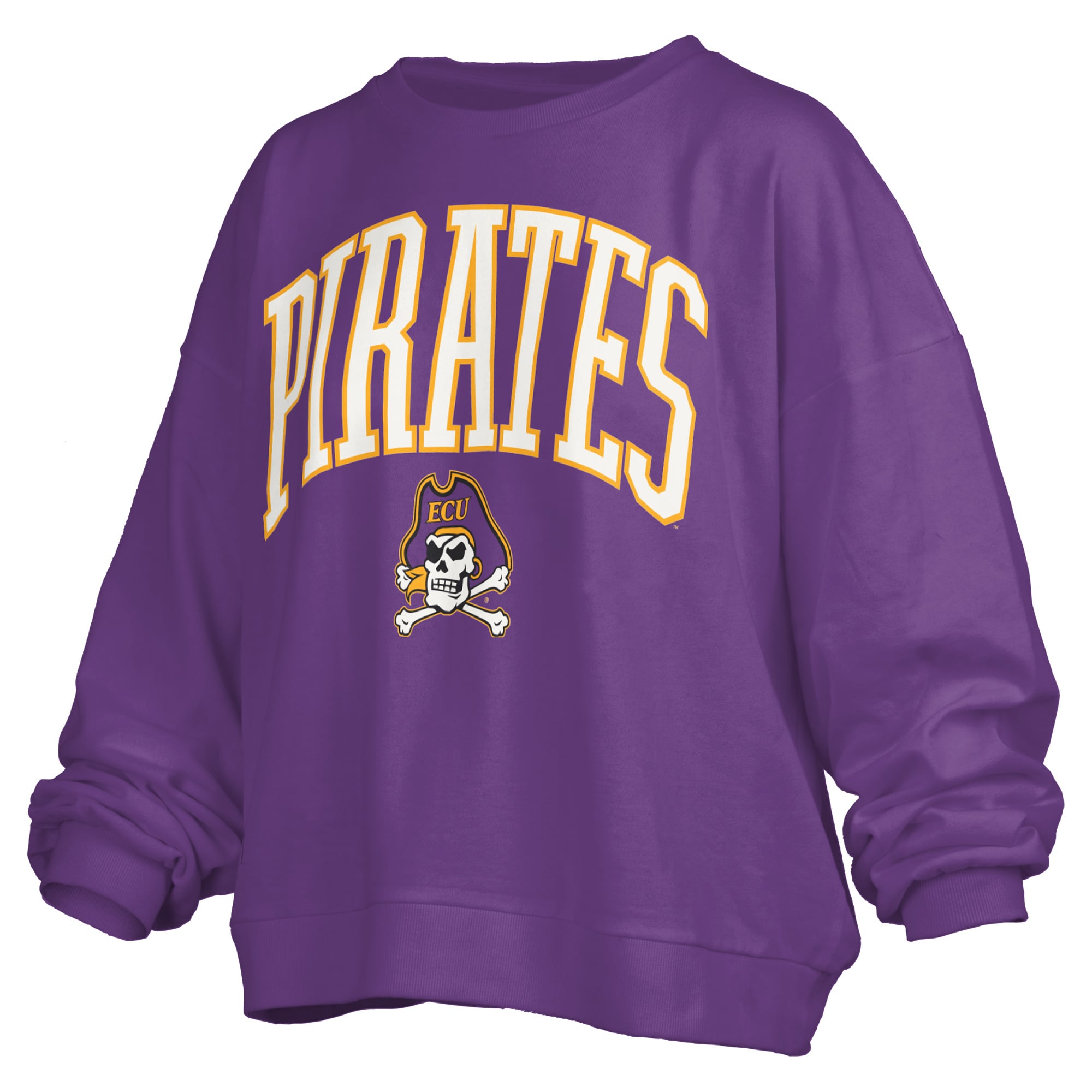 Women's Pressbox Purple ECU Pirates Oversized Janise Arch Over Logo Fleece Sweatshirt