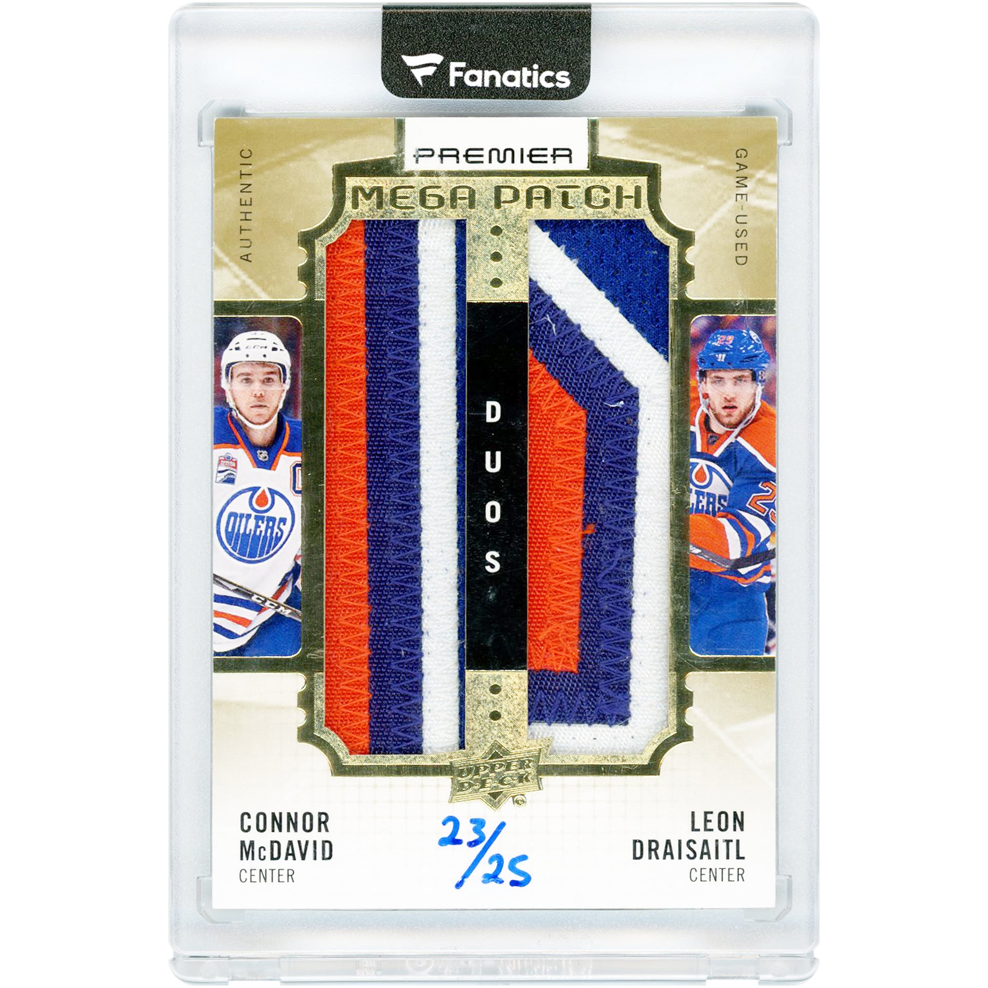 Carte Upper Deck Premier Mega Patch Duos de Connor McDavid et Leon Draisaitl, Oilers d'Edmonton, saison 2016-2017, reliques tricolores utilisées en match #PMP2-MD #23/25