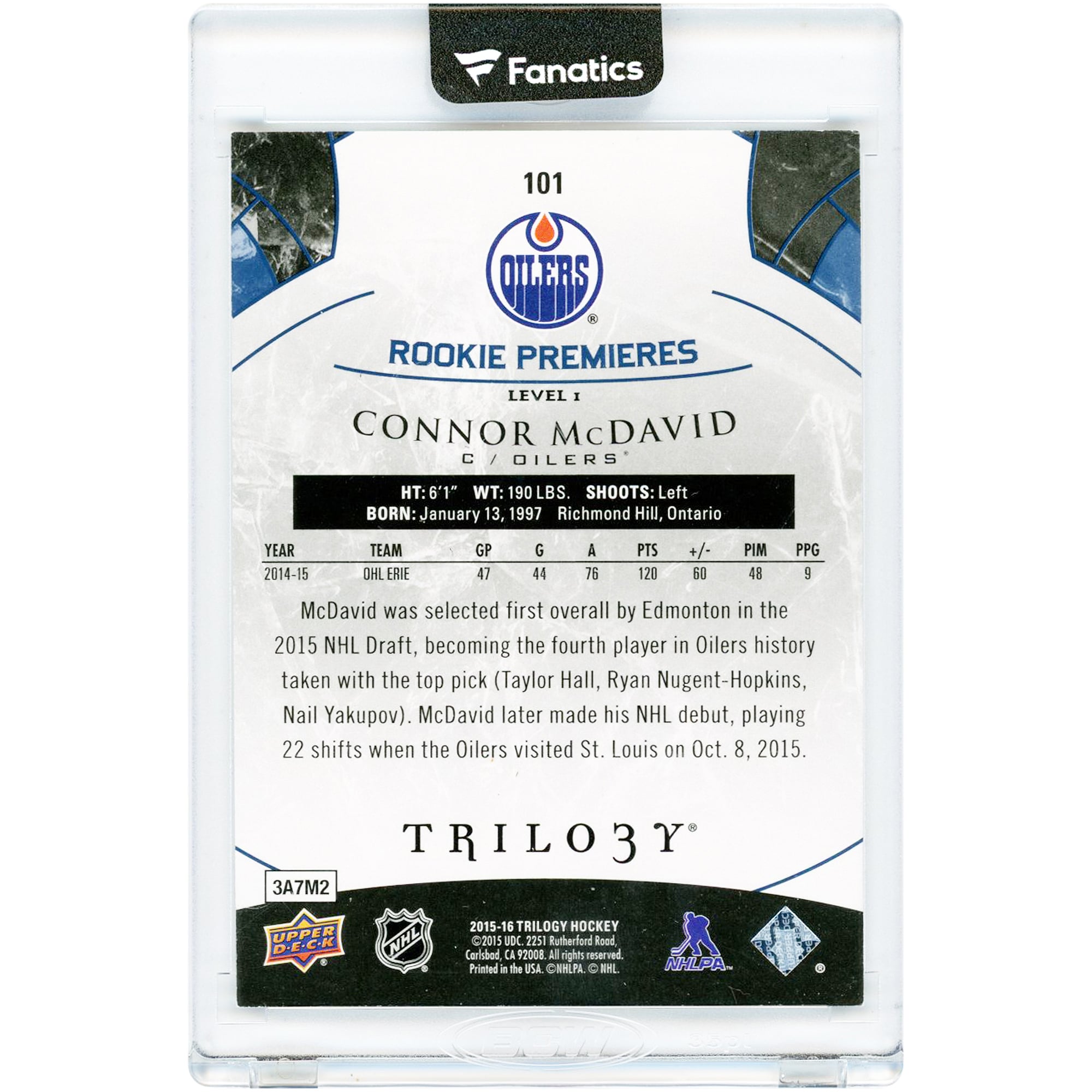 Connor McDavid Edmonton Oilers 2015-16 Upper Deck Trilogy Rookie Premieres #101 #116/399 Rookie Card