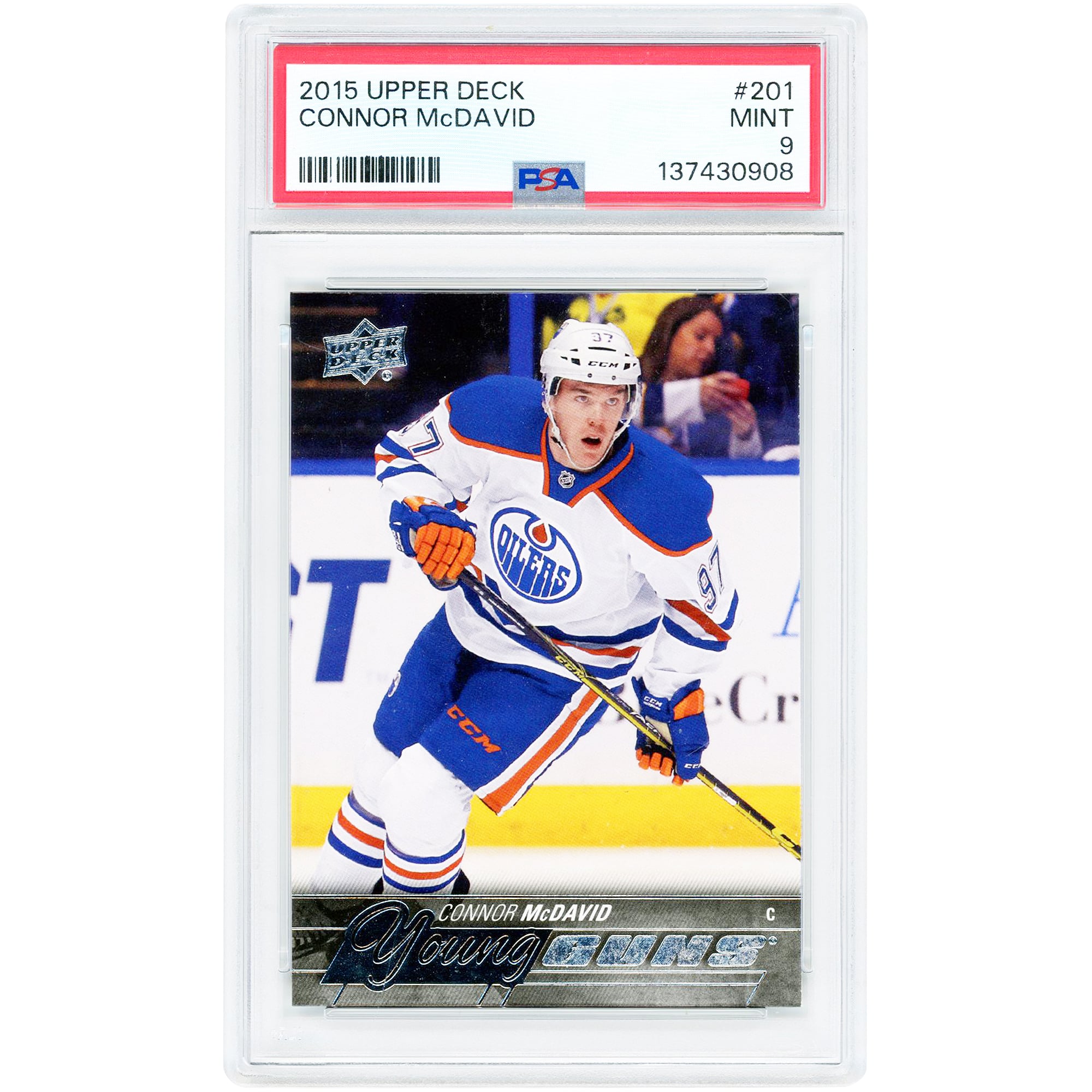 Carte de recrue de Connor McDavid, Oilers d'Edmonton, 2015-2016, Upper Deck Young Guns, n° 201, authentifiée PSA 9