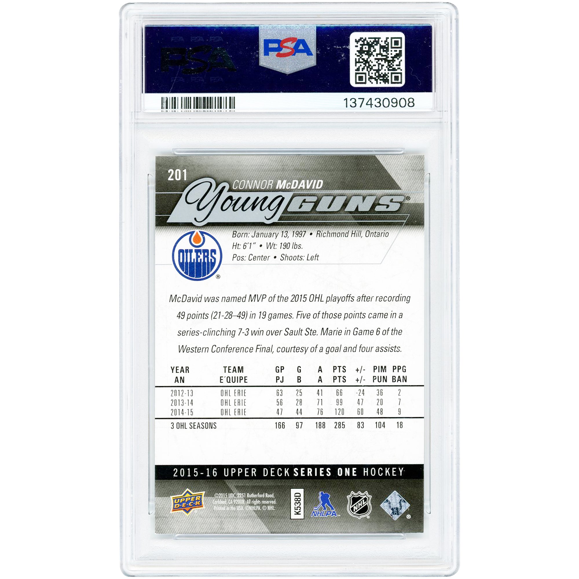 Carte de recrue de Connor McDavid, Oilers d'Edmonton, 2015-2016, Upper Deck Young Guns, n° 201, authentifiée PSA 9