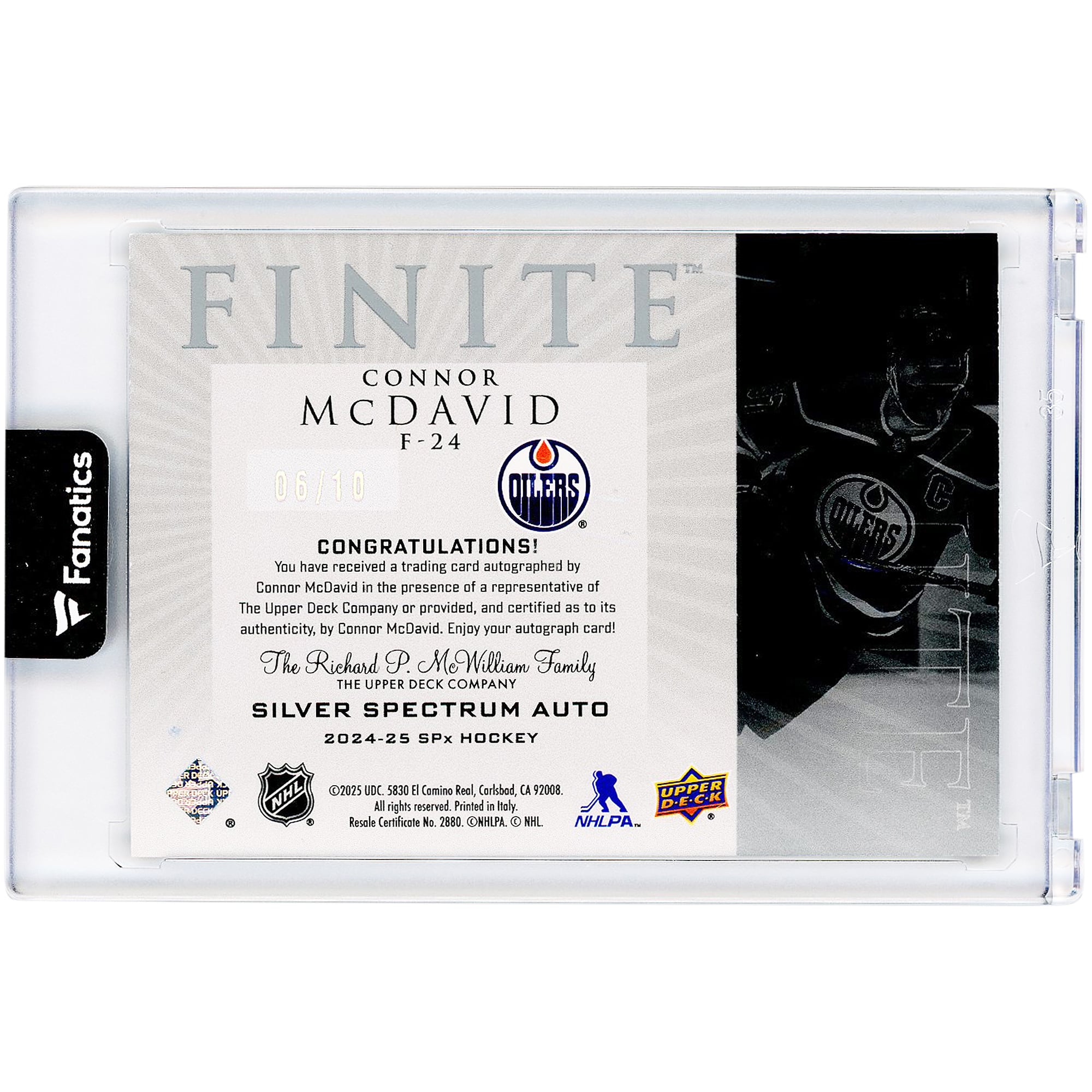 Connor McDavid Edmonton Oilers Autographed 2024-25 Upper Deck SPX Finite #F-24 #6/10 Card