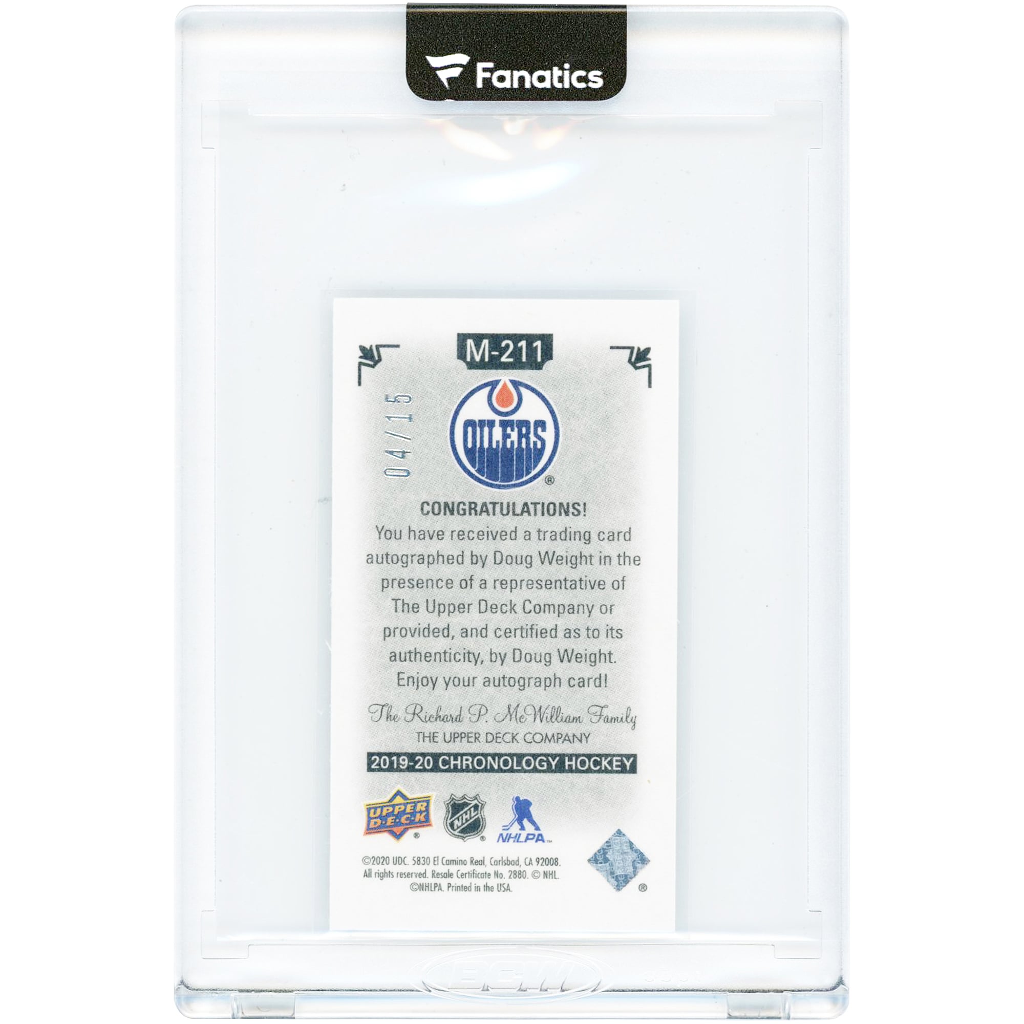Carte autographiée par Doug Weight des Oilers d'Edmonton, saison 2019-20, Upper Deck Chronology Mini #M-211 #4/15