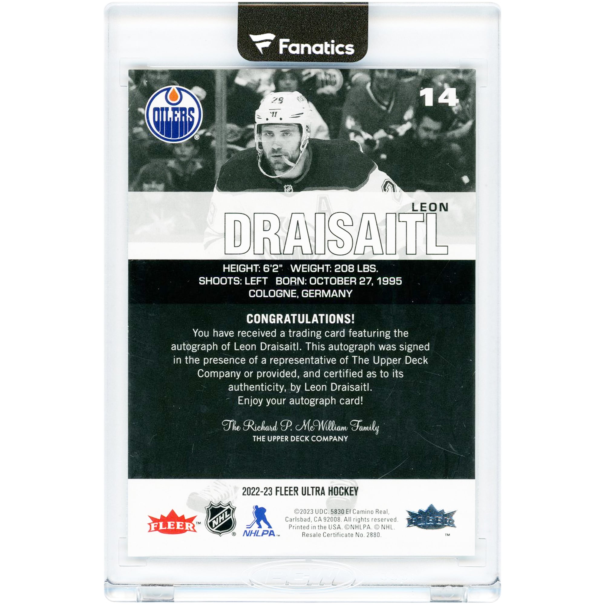 Carte Fleer Ultra n° 14 autographiée de Leon Draisaitl (Oilers d'Edmonton), saison 2022-2023