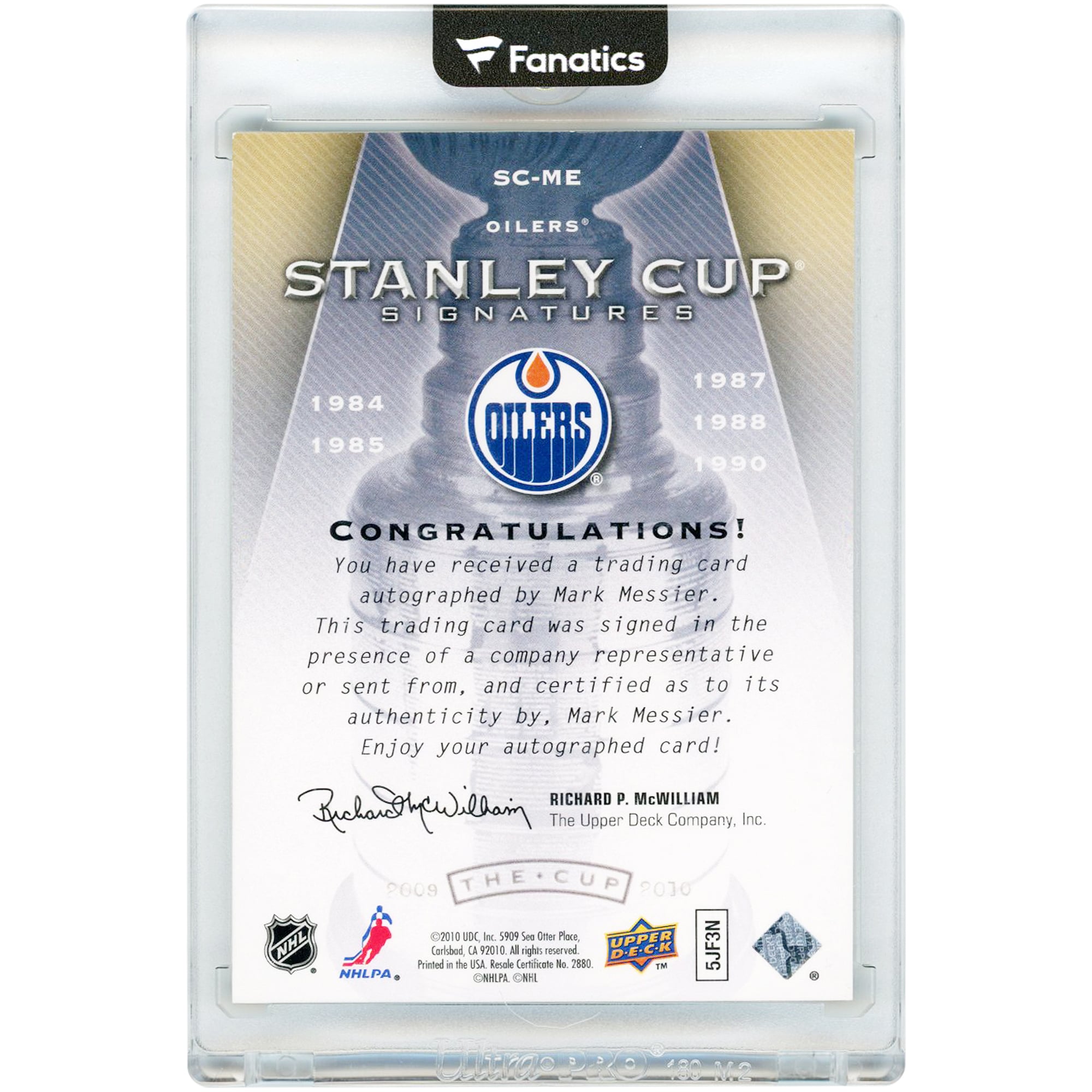 Carte autographiée par Mark Messier des Oilers d'Edmonton, collection Upper Deck The Cup Stanley Cup 2009-10, n° SC-ME n° 47/50