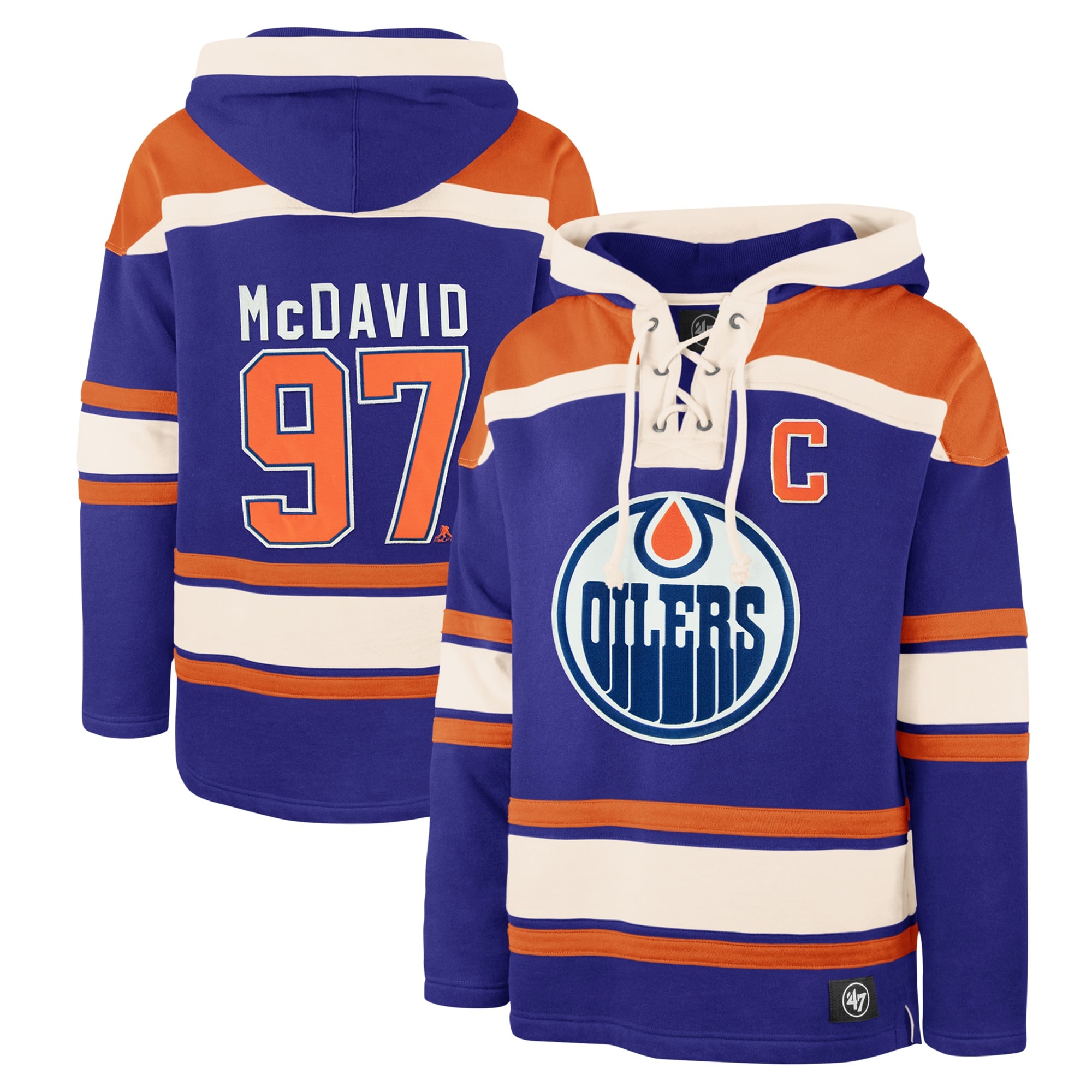 Chandail à capuchon avec nom et numéro de joueur Lacer des Royal Edmonton Oilers '47 Connor McDavid pour hommes