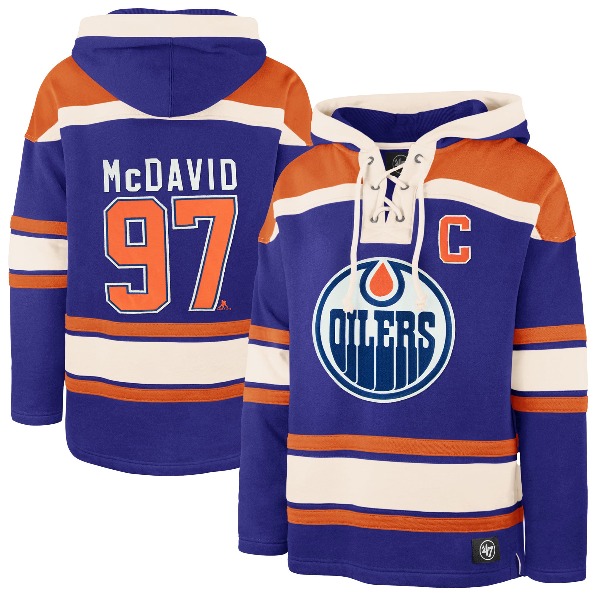 Chandail à capuchon avec numéro et nom du joueur '47 Connor McDavid Navy Edmonton Oilers Lacer pour homme